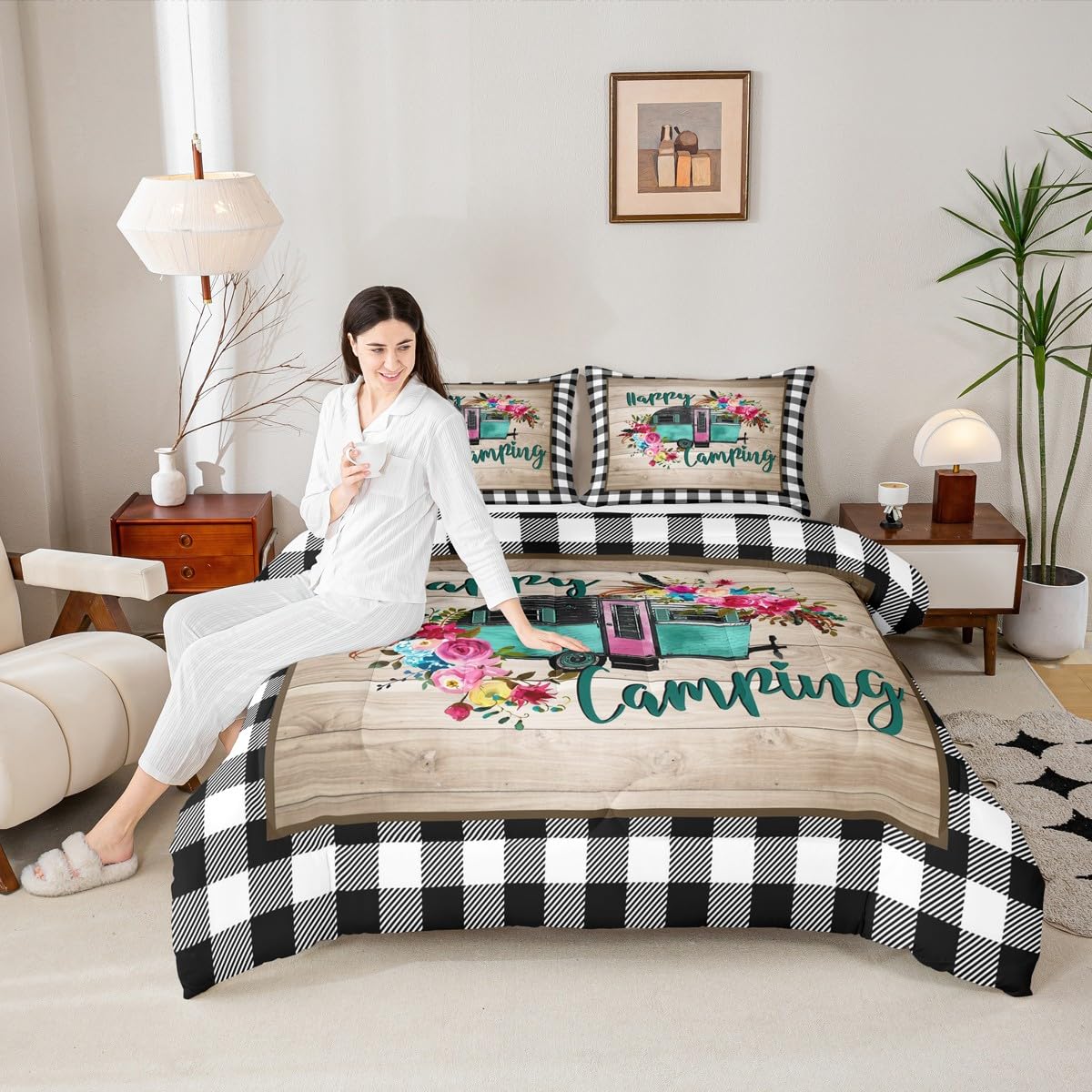 Manfei Rv Happy Travelling Comforter Set Queen,Camper Adventure Car Bedding Set 3Pcs For Kids Teens Adults Trailer Decor,Wooden