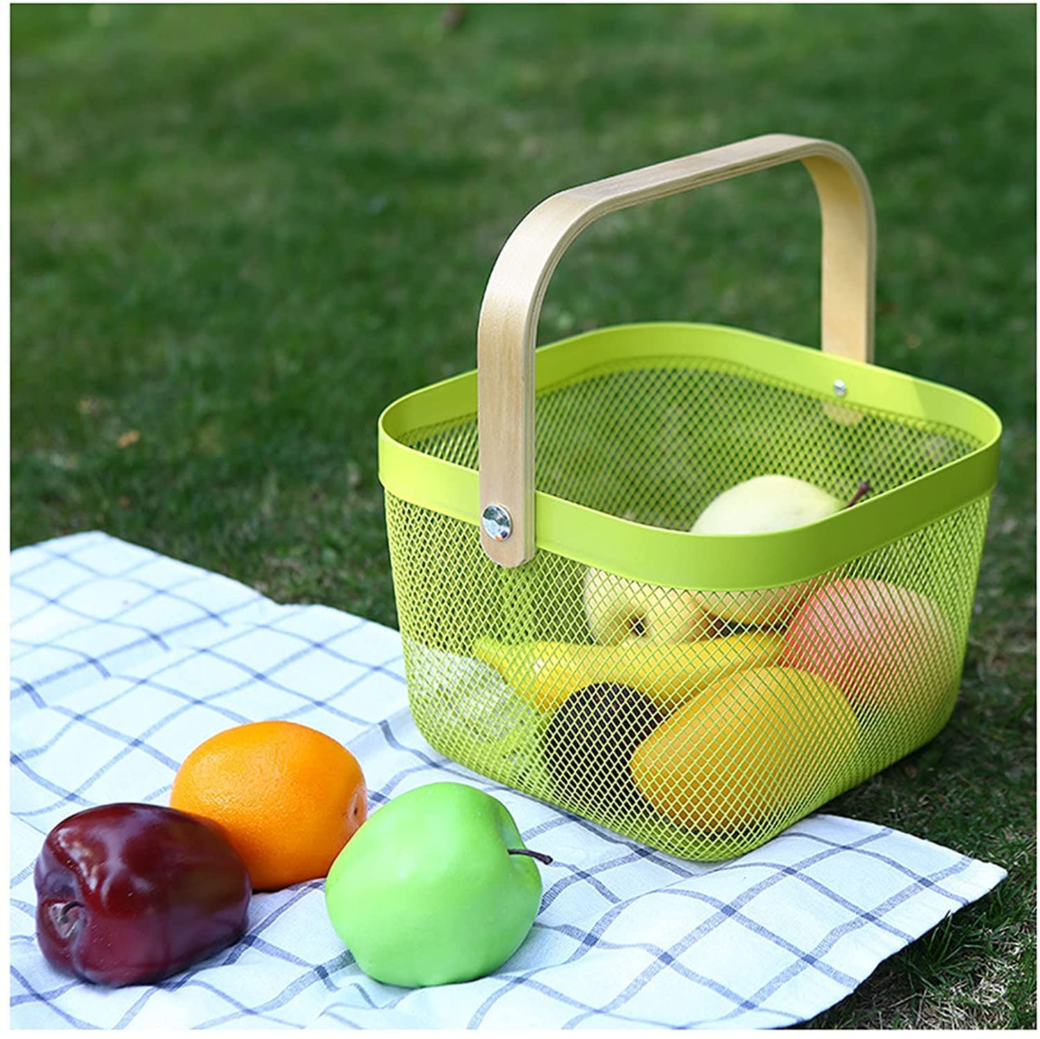 Overa Mesh Storage Basket With Wooden Handle, MultiFunctional Fruit Vegetable Basket, Metal Wire Basket Storage Organizer For K