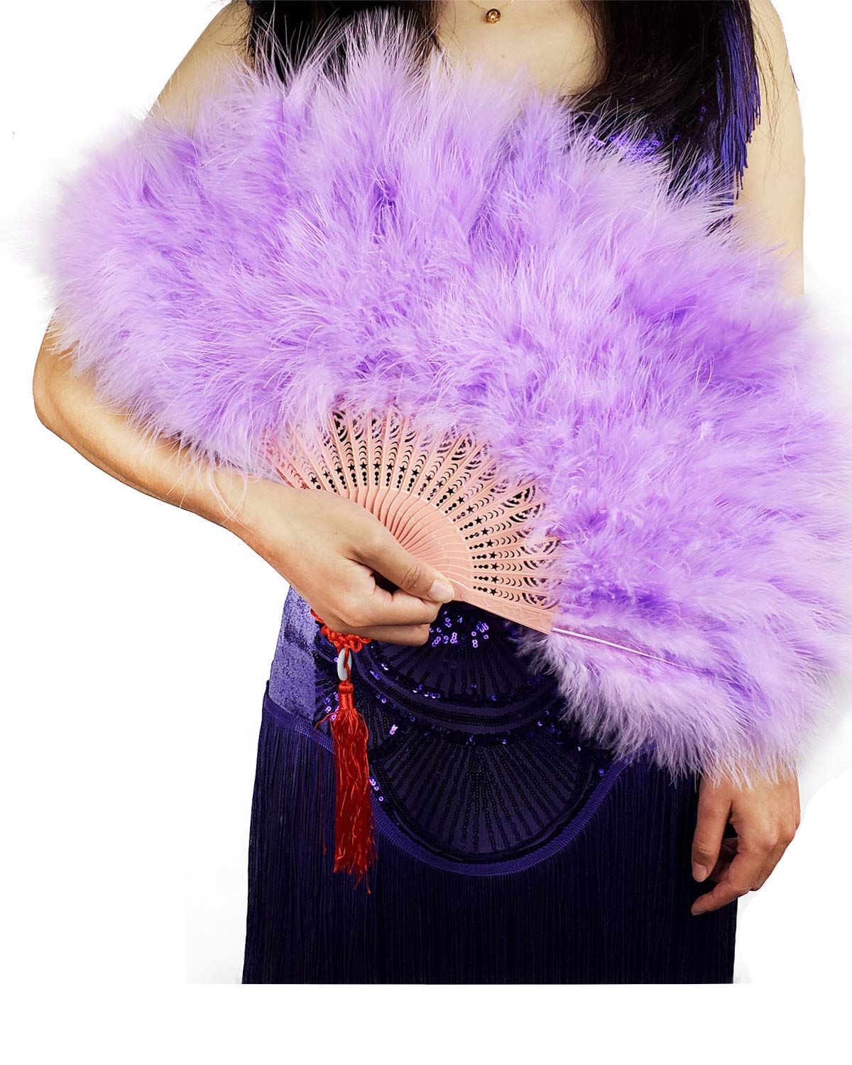 Happy Feather Handheld Marabou Feather Fan, 1920s Vintage Style Flapper Hand Fan for Costume Party and Dancing-Light Purple