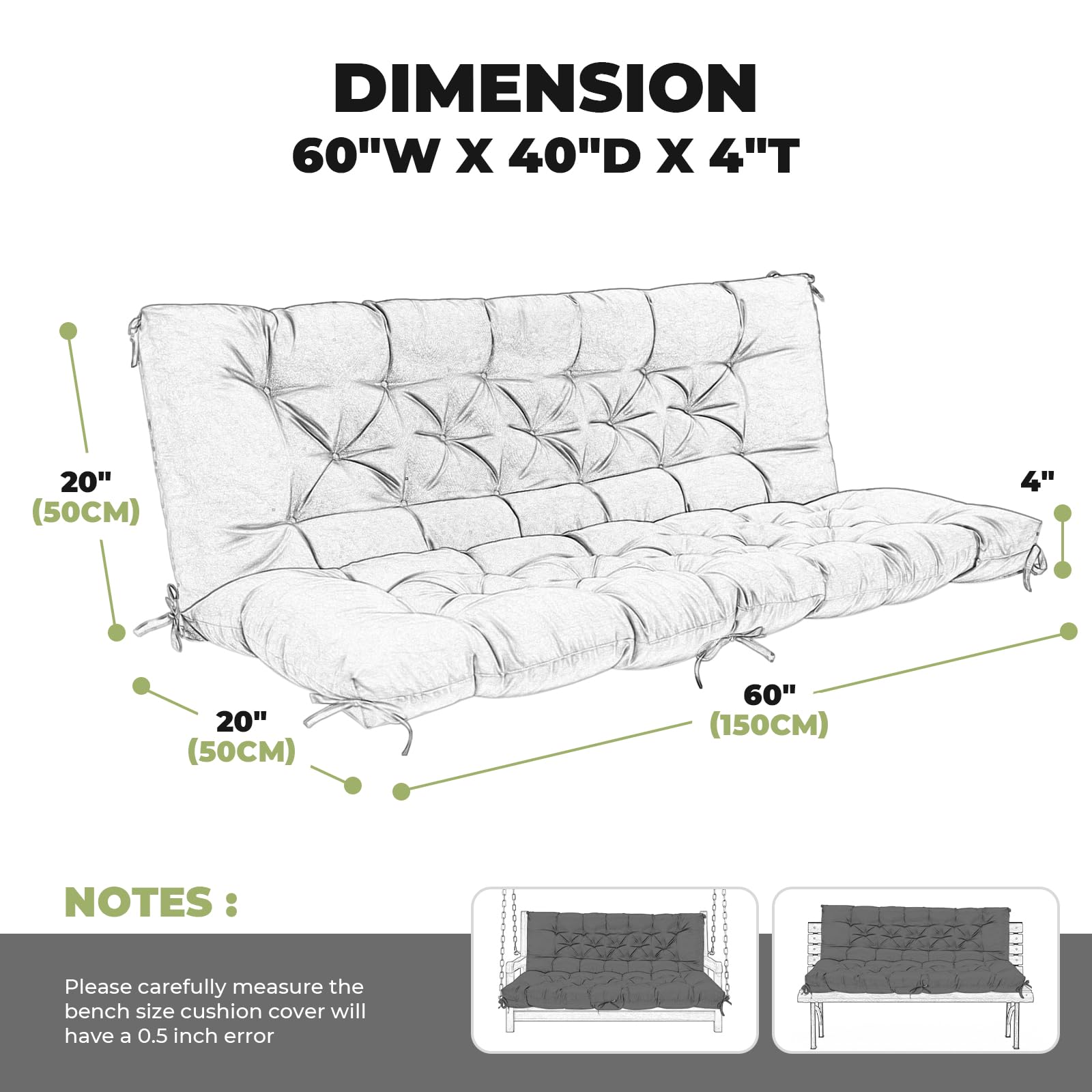 Danghoogy Porch Swing Cushions Waterproof Outdoor Swing Cushion 2-3 Seater Thickened 5 Inches Patio Swing Replacement Cushion Fo