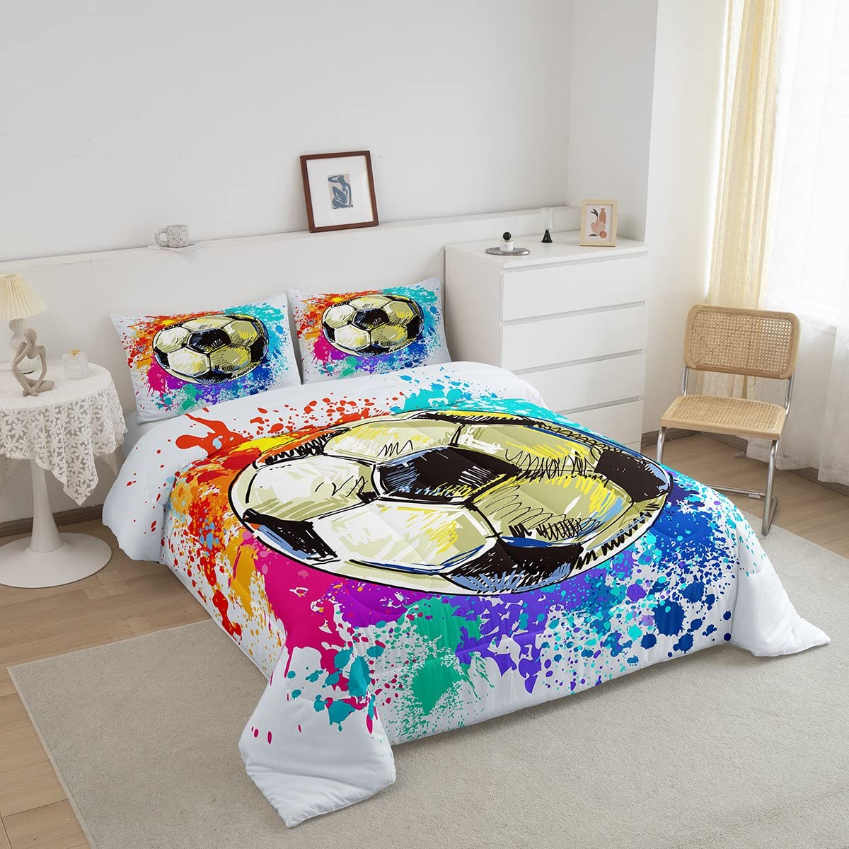 Castle Fairy Soccer Comforter Set Twin Size,Watercolor Tie-Dye Duvet Insert For Kid Teen Boys Girls Room Decor,Sports Game Quilted Duvet,Colorful Graffiti Hip Hop Quilt Cover With 1 Pillowcase