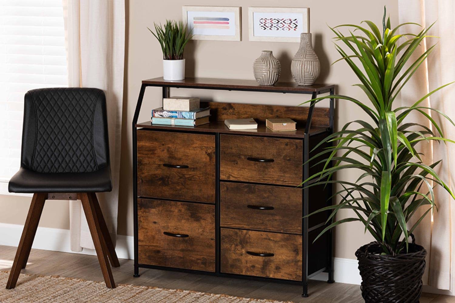 Baxton Studio Jacop Brown Finished and Black Metal 5-Drawer Storage Cabinet