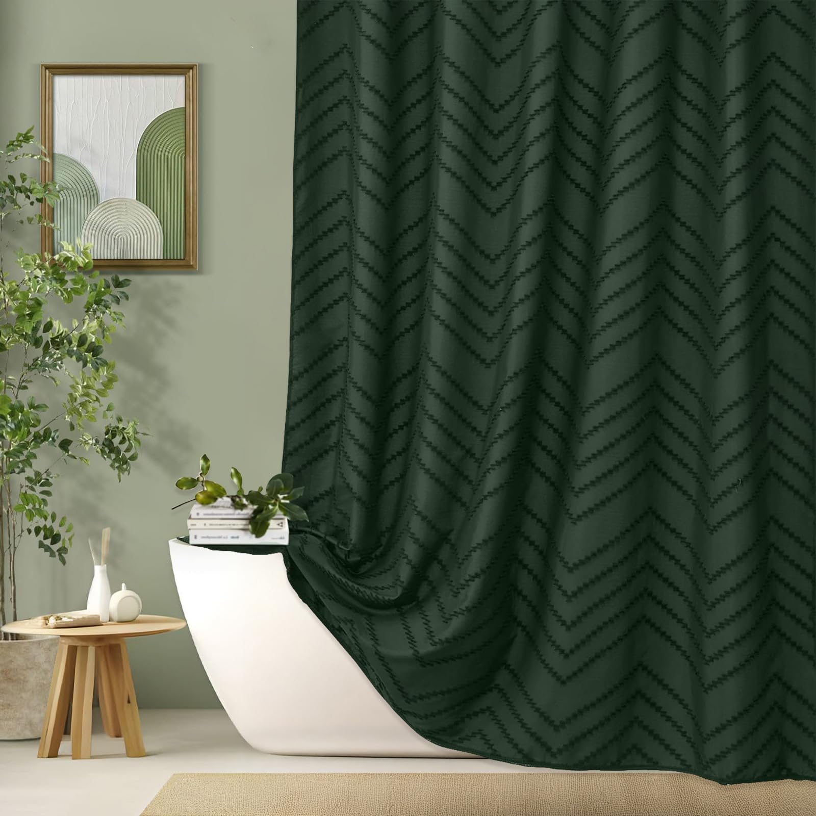 Dark Green Boho Shower Curtain 72 X 72 Inches Woven Fabric Shower Curtain Tufted Chervon Textured Shower Curtain Modern Minimali