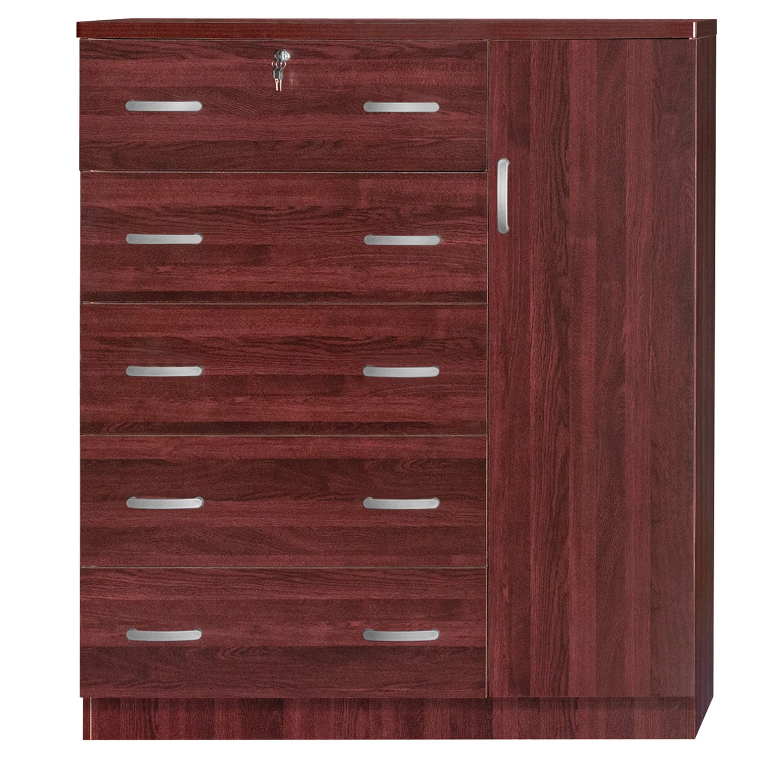 Better Home Products JCF Sofie 5 Drawer Wooden Tall Chest Wardrobe in Mahogany