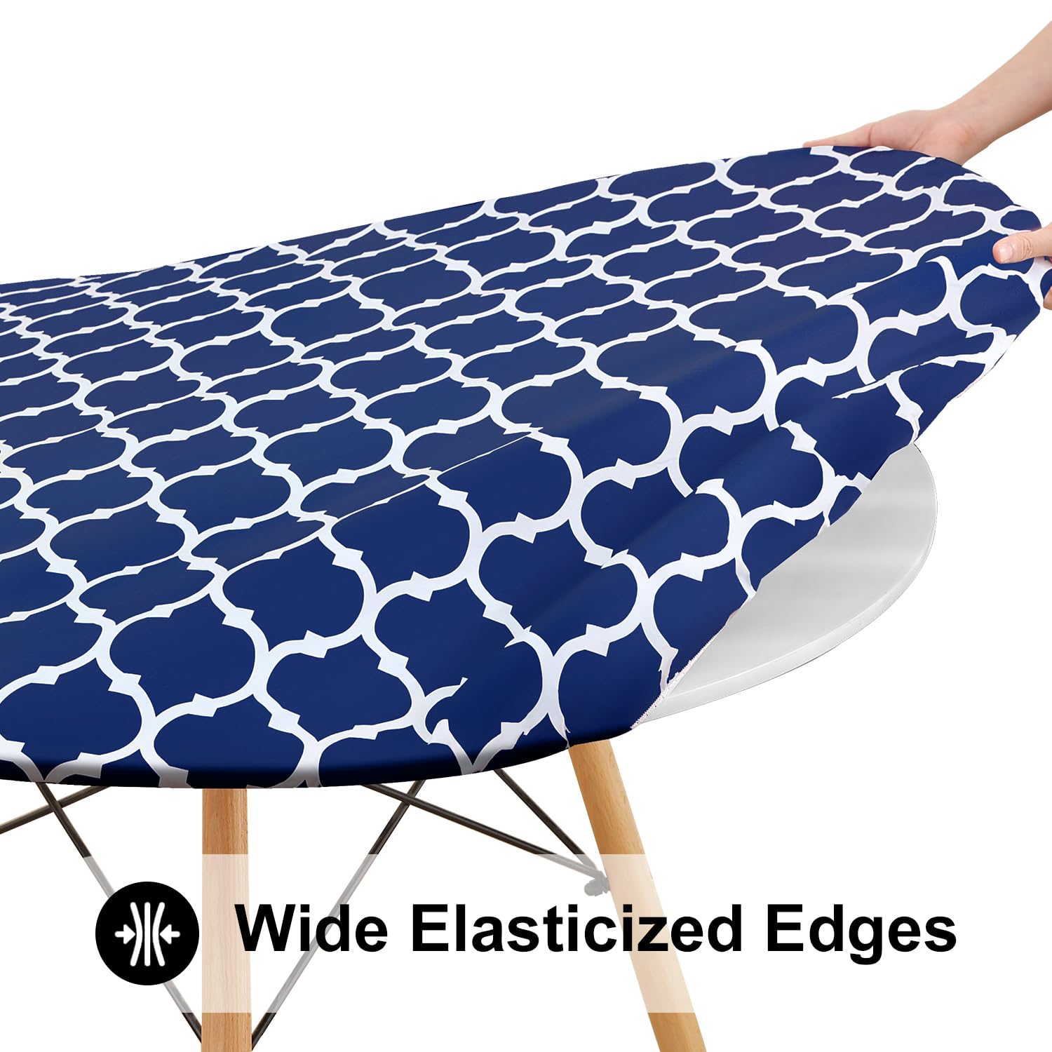 Smiry Round Picnic Tablecloth, Waterproof Elastic Fitted Table Covers For 36' - 44' Tables, Wipeable Flannel Backed Vinyl Tablecloths For Camping, Indoor, Outdoor, Navy & White