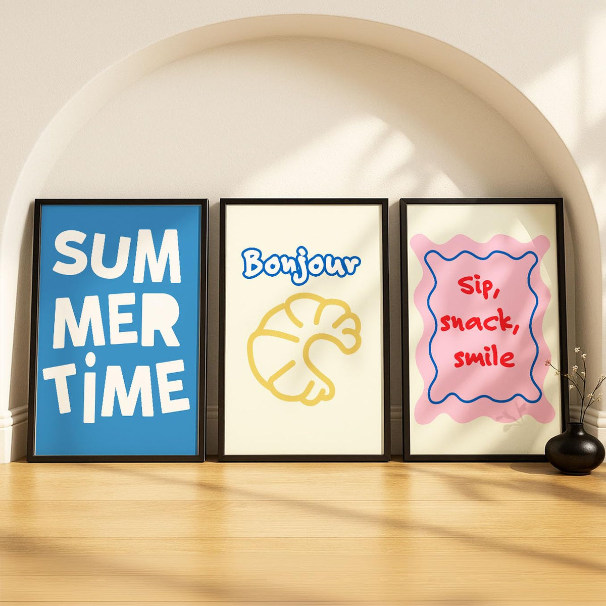 SoulAbiti Summer Caf Trio set of 3 Framed Wall Print 12x18 inch Black Frame PlexiGlass Preppy Art ready to hang for living room