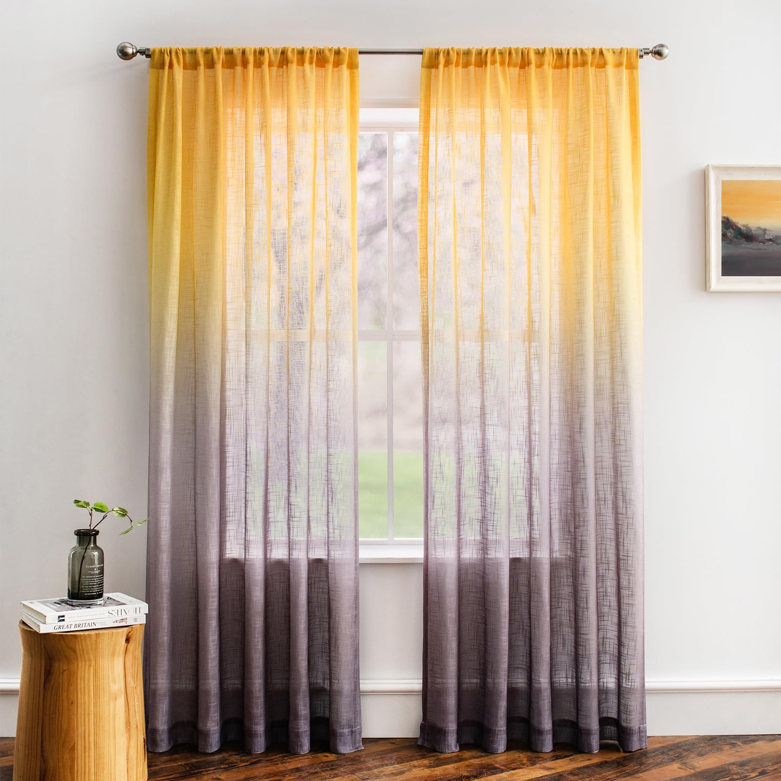 Melodieux Yellow Grey Linen Textured Ombre Semi Sheer Curtains 96 Inches Long For Living Room Bedroom Patio Door Golden Sunshine