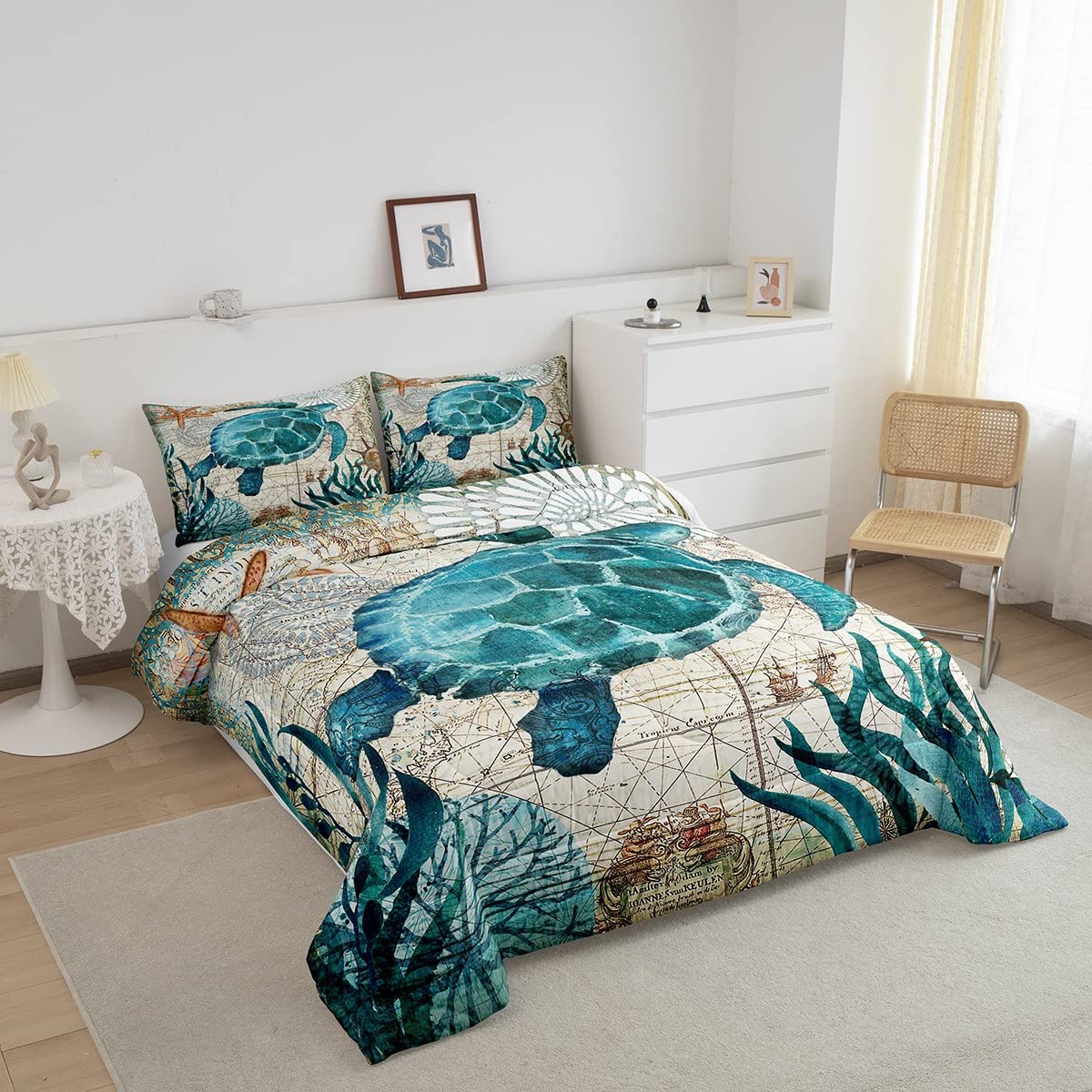 Erosebridal Turtle Bedding Teal Turtle Comforter Set Turquoise Ocean Themed Mediterranean Style Printed Design Ocean Turtle Down