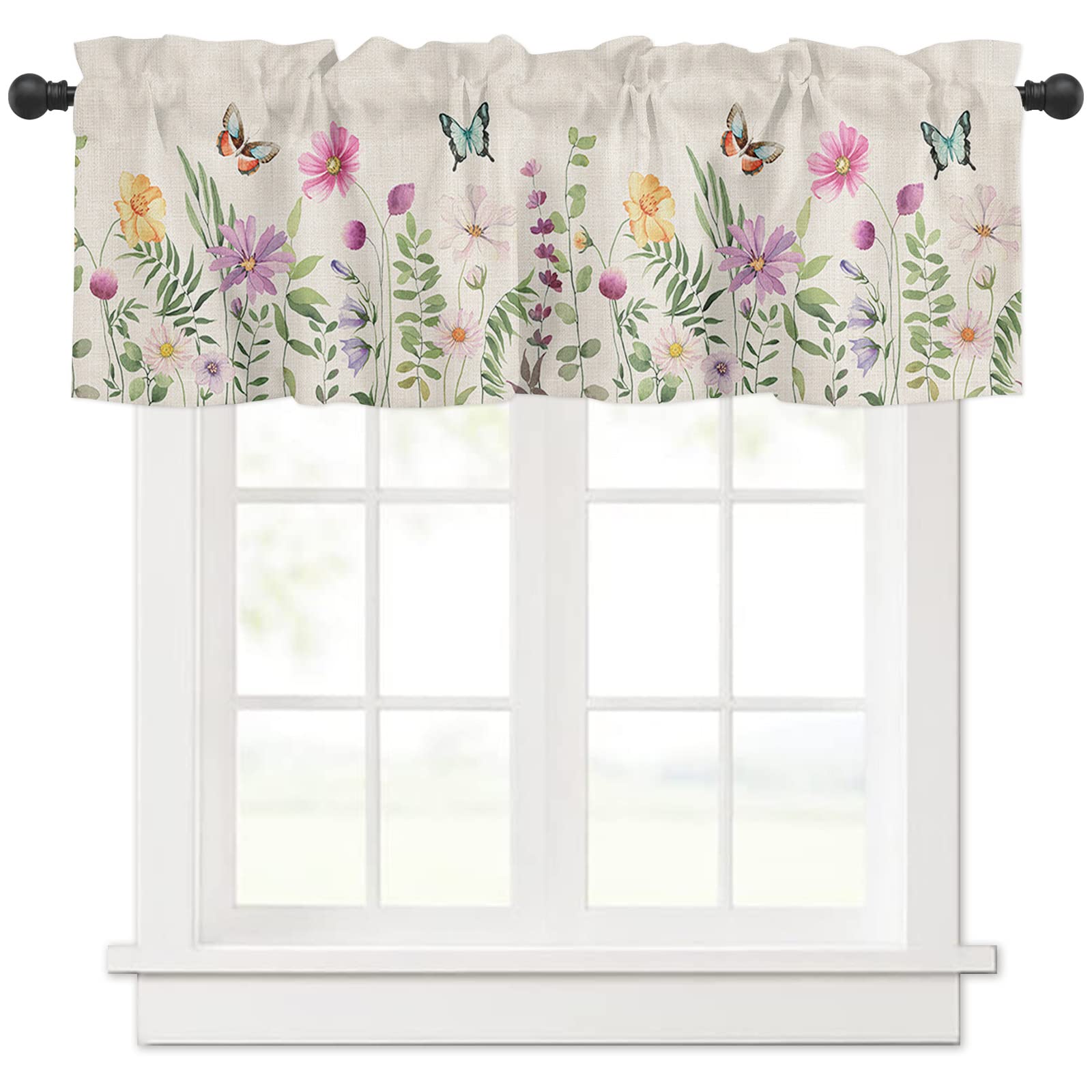 Yokou Curtain Valance, Flower Leaves Spring Watercolor Floral Vintage Botanical Short Rod Pocket Window Treatment For Living Roo