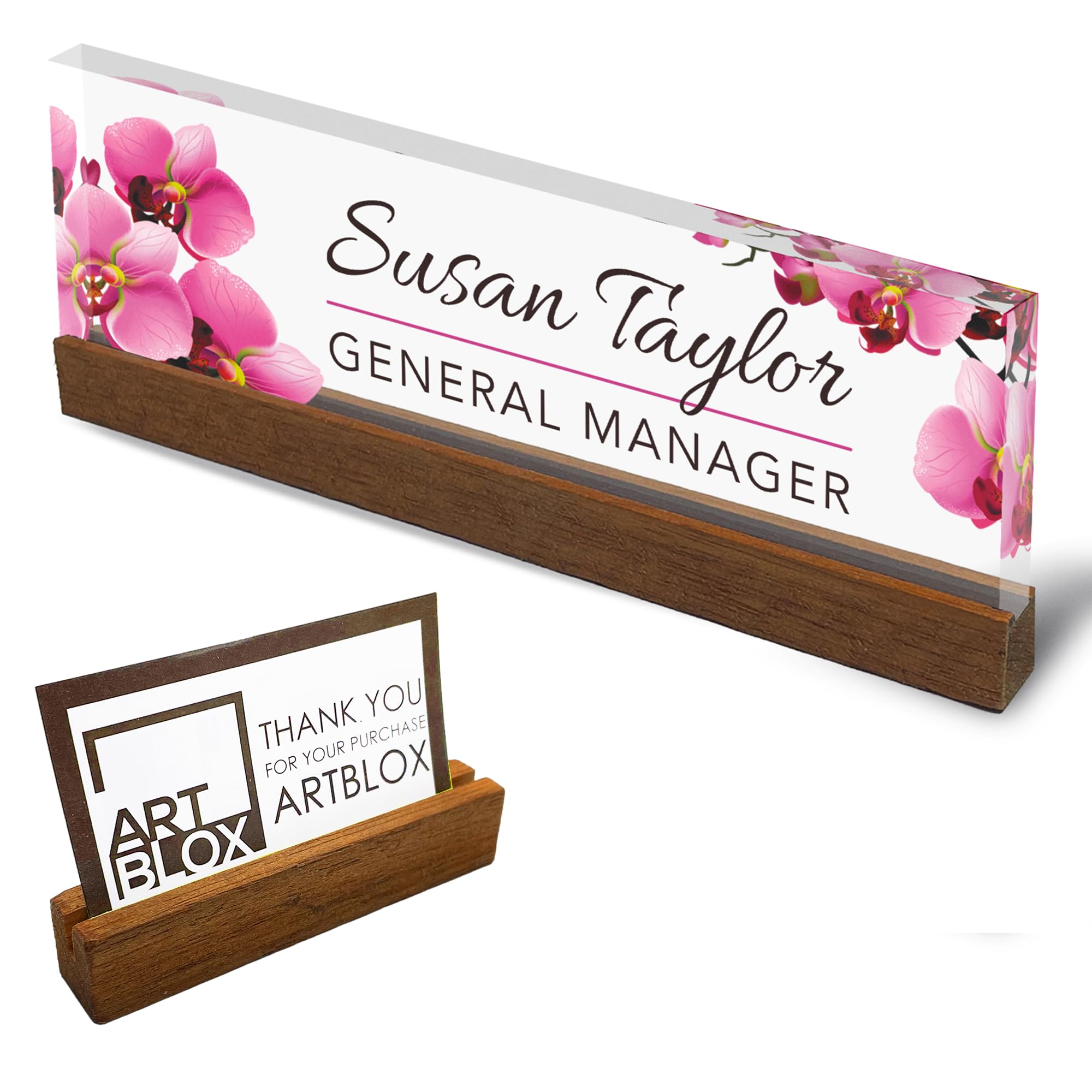 Artblox Office Personalized Name Plate For Desk With Business Card Holder On Clear Acrylic Glass Orchids Flowers Design Custom D
