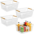 HDYOUDO 4 Pack White Metal Wire Food Storage Basket Organizer with Wooden Handles for Organizing Kitchen Cabinets Large