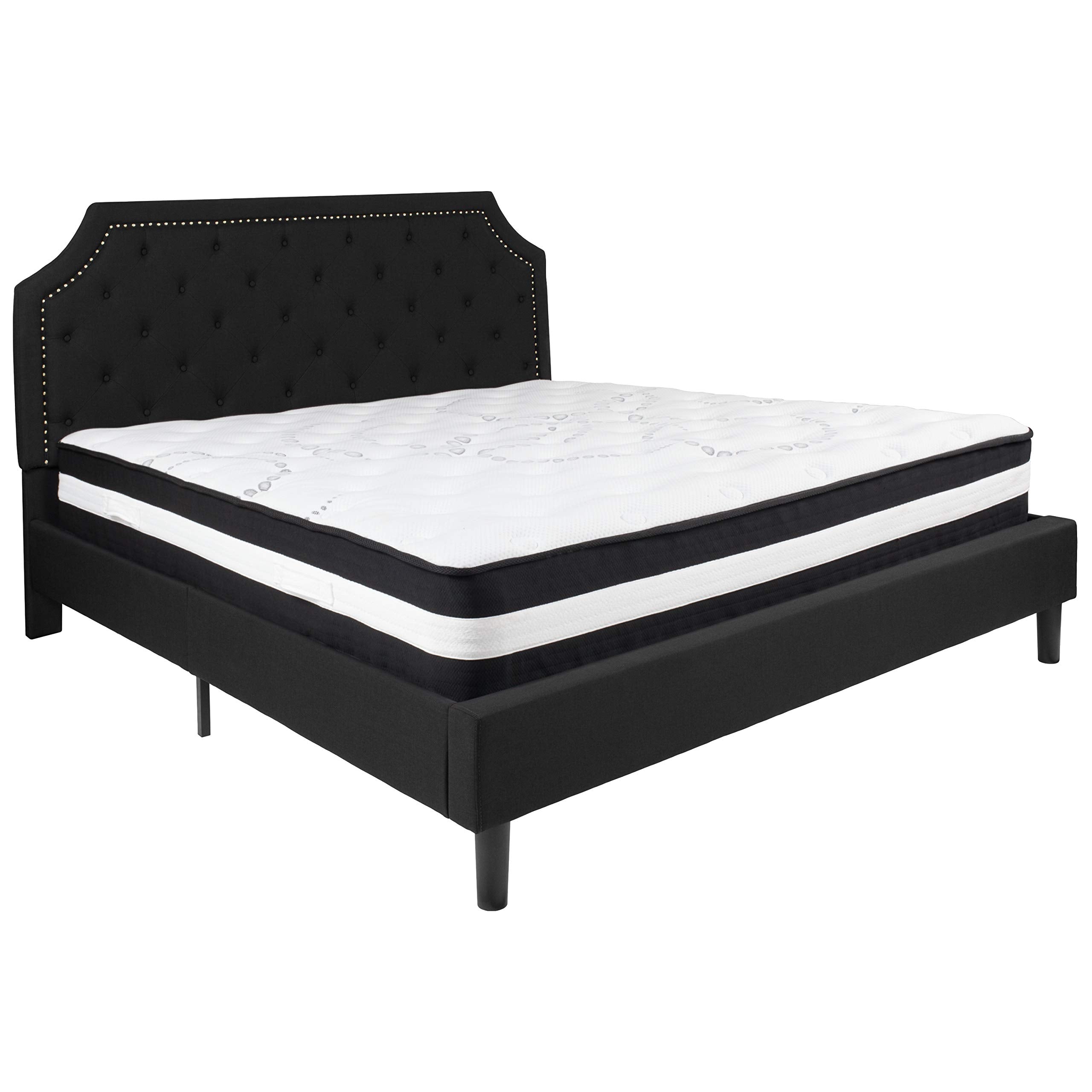 Flash Furniture Brighton King Size Tufted Upholstered Platform Bed In Black Fabric With Pocket Spring Mattress