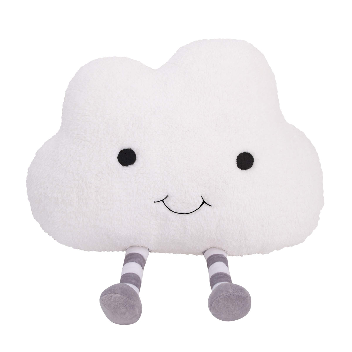 Nojo White Cloud With Embroidered Eyes & Smile Grey, White Striped Legs Decorative Shaped Pillow, White, Grey