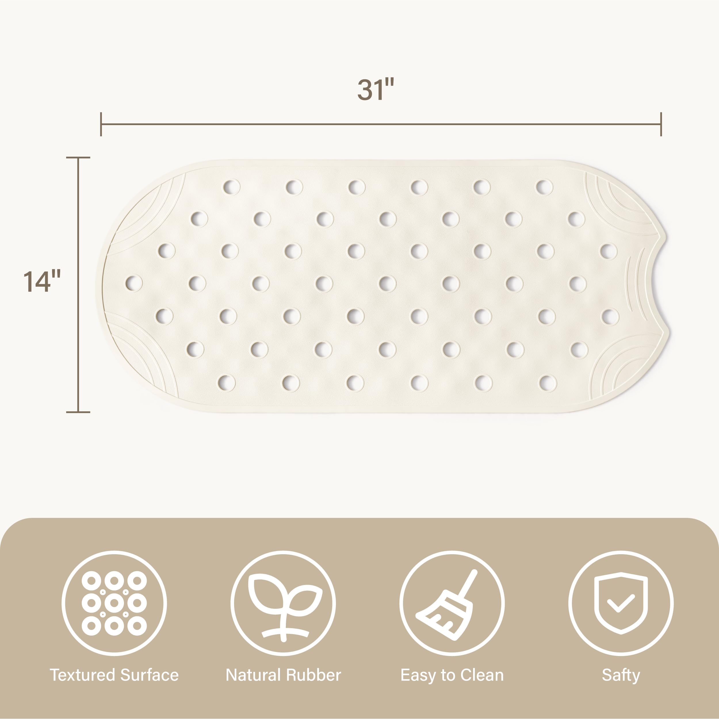 Selfsuite Rubber Bathtub Mat Shower Mat Non-Slip, 31X14 Inch, Bath Tub Floor Mat With Suction Cups And Drainage Holes, Ivory Whi