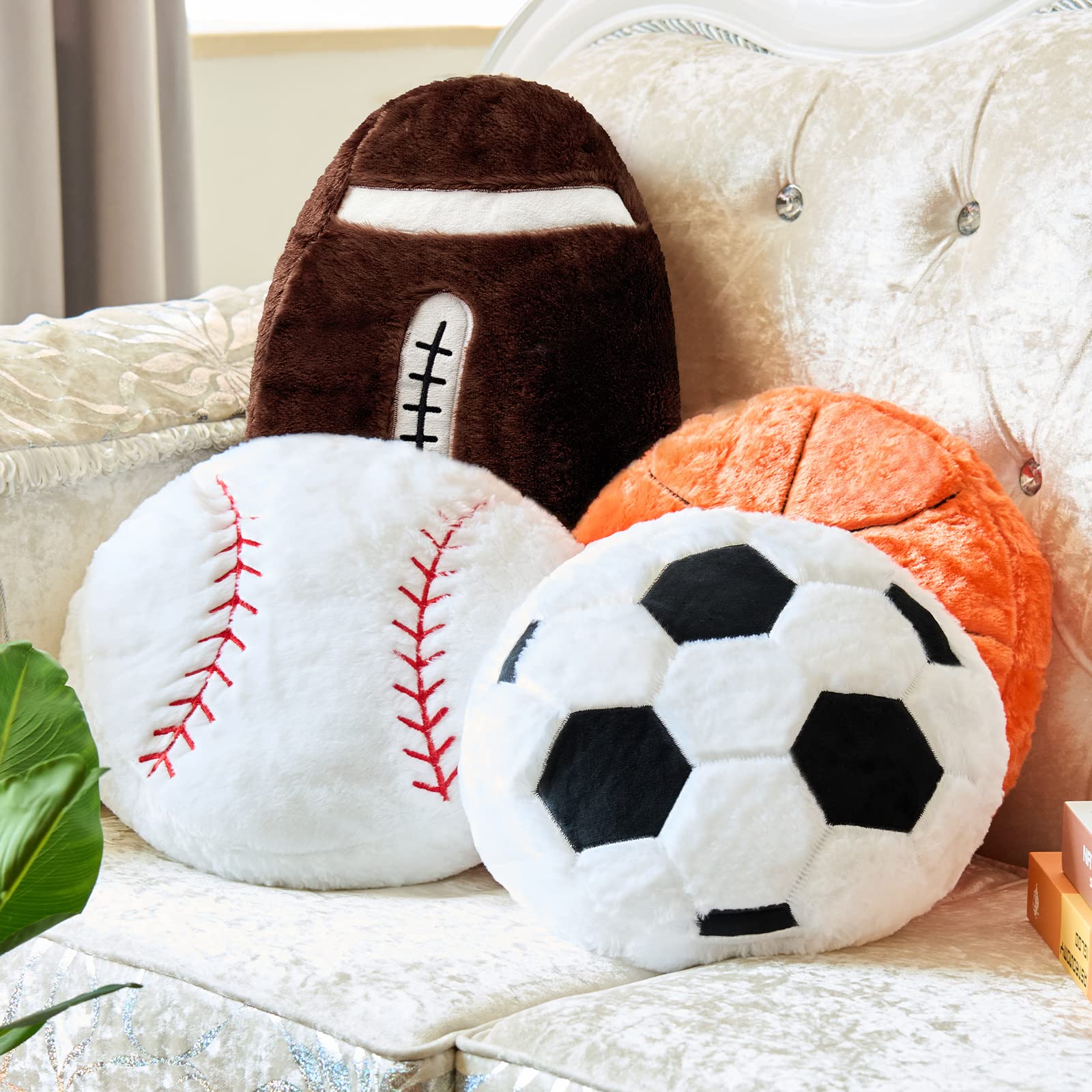 4 Pcs Sports Throw Pillows Fluffy Stuffed Soccer Ball Pillow Soft Stuffed Basketball Pillows Baseball Soft Throw Pillow Football
