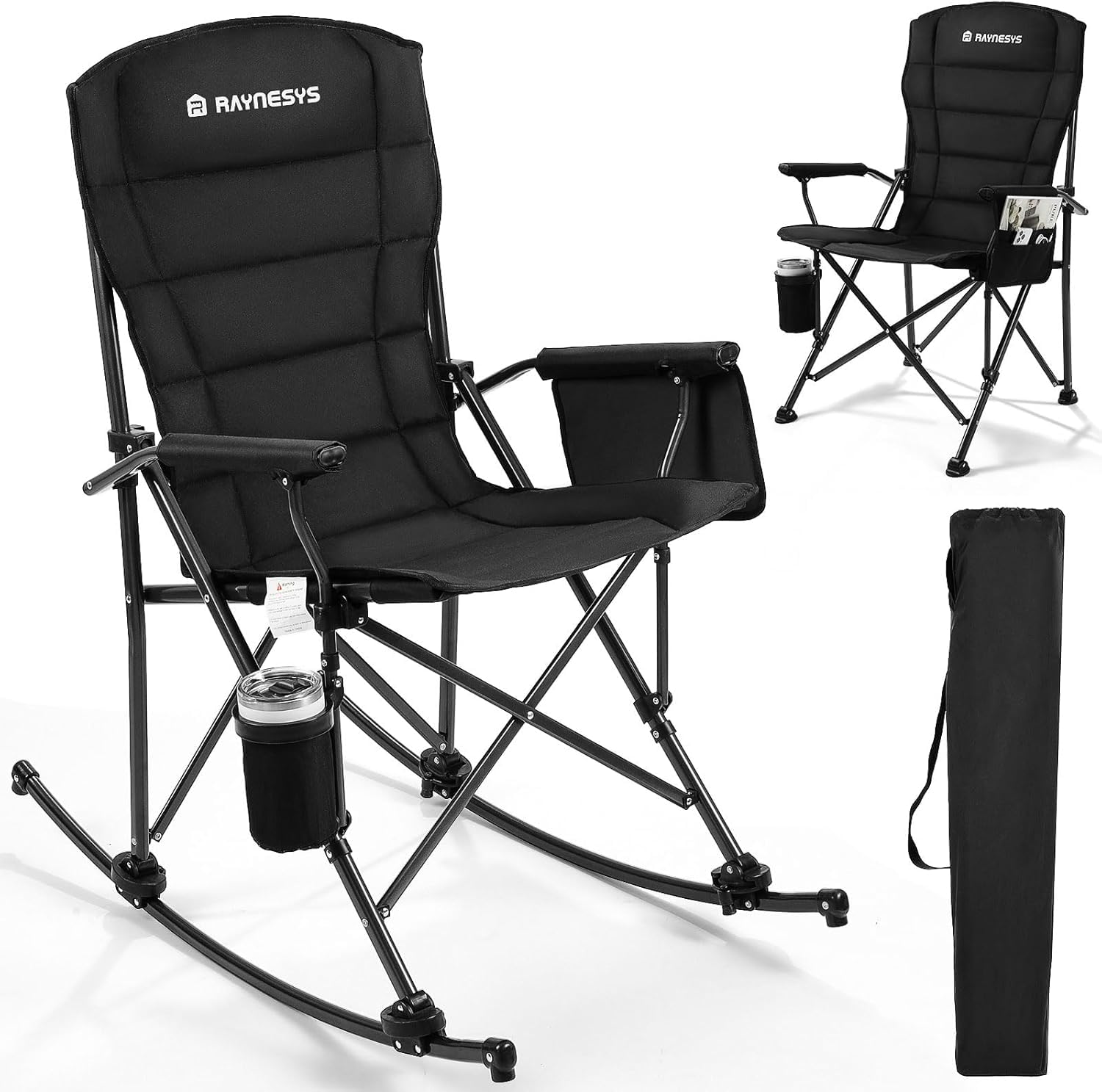 Raynesys Folding Rocking Chair Supports 440 Lbs, Outdoor Folding Chair, Rocking Camping Chairs With Cup Holder & Side Pocket, Pa