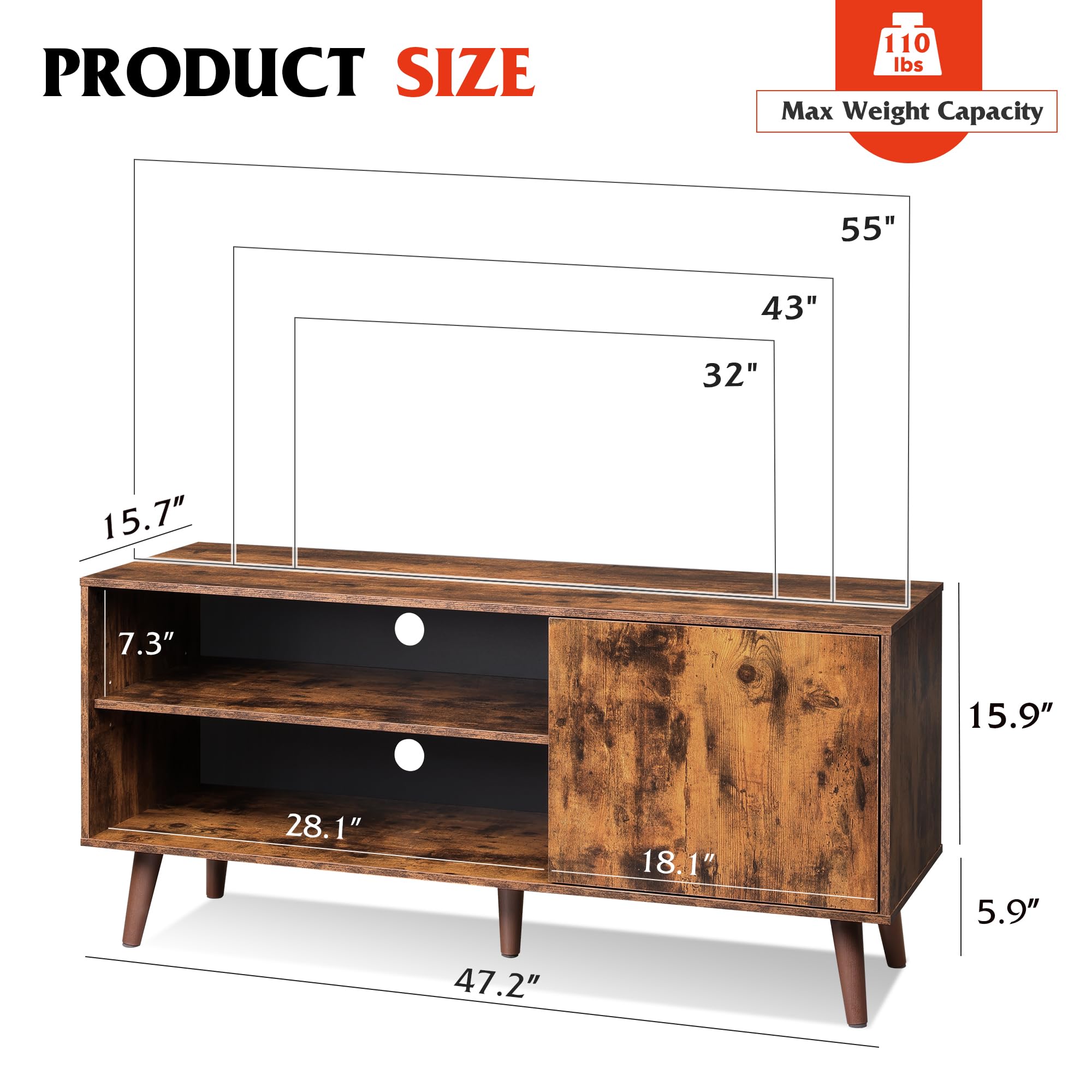 Wlive Tv Stand For 55 Inch Tvs, Entertainment Center With Storage Cabinet, Mid-Century Tv Stands For Living Room And Bedroom, 50' Tv Console, Brown