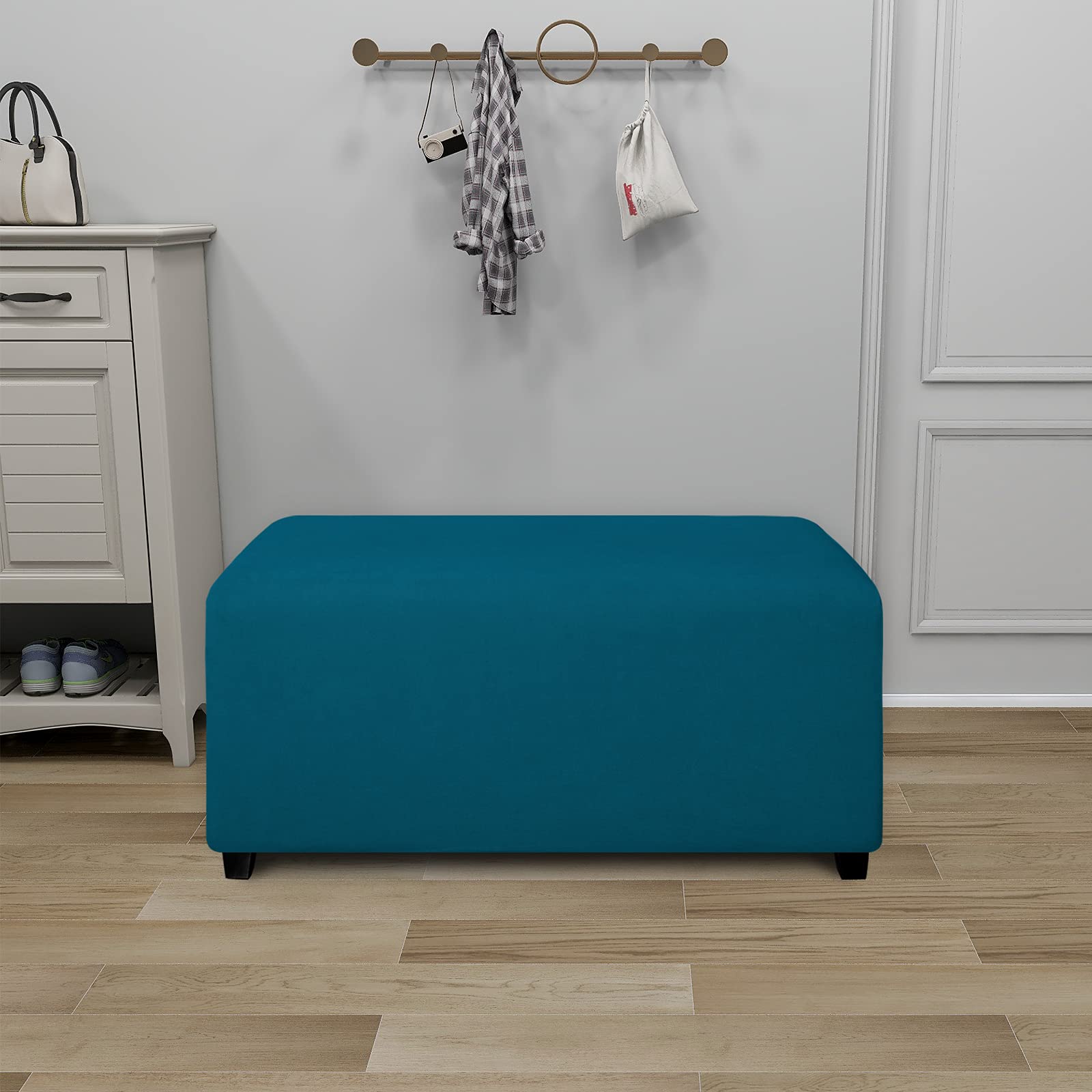 Purefit Super Stretch Soft Form Fit Ottoman Cover Rectangle - Ottoman Slipcovers For Foot Stool & Folding Storage Furniture For Living Room With Nonslip Elastic Bottom (Small, Peacock Blue)