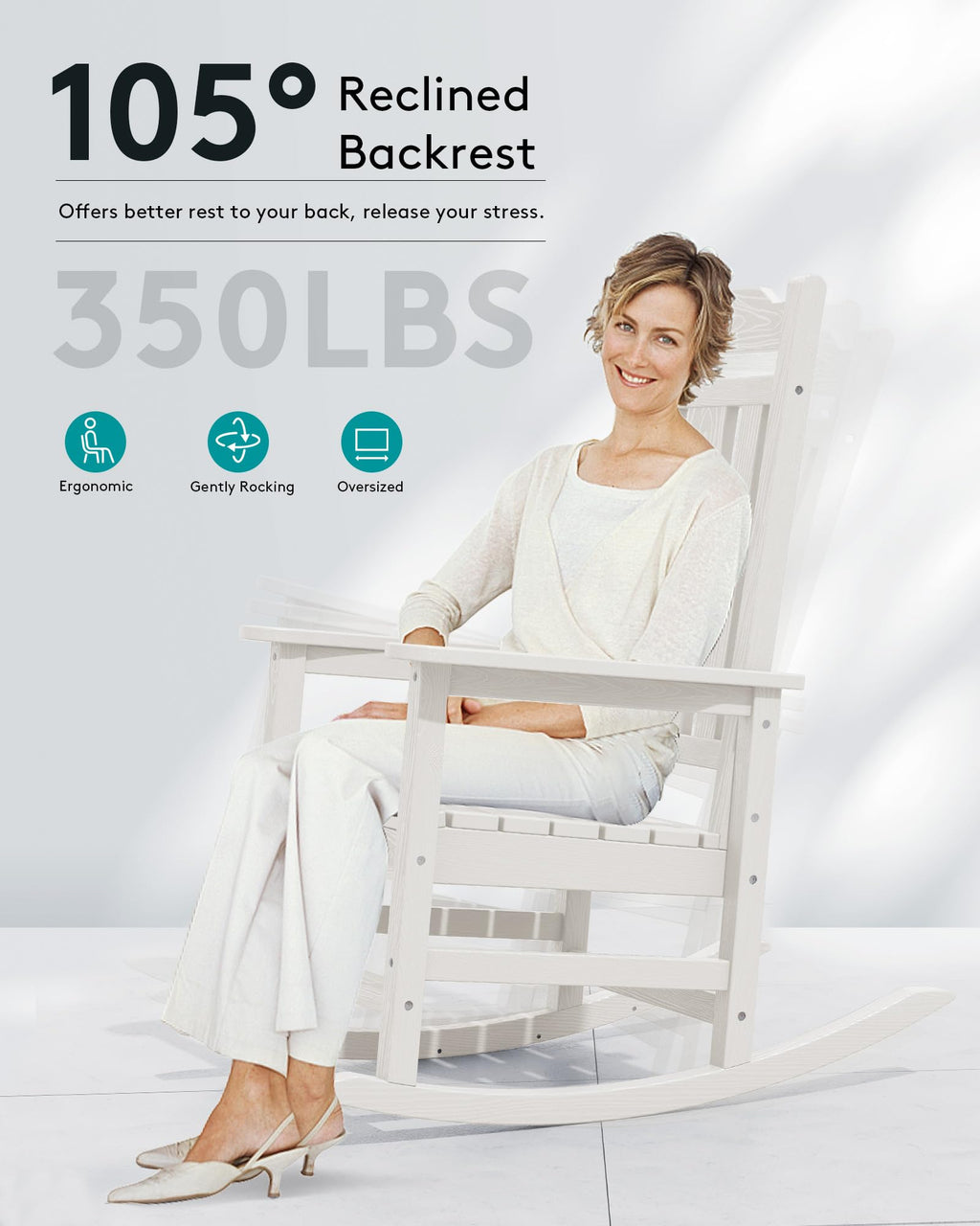 Serwall Outdoor Rocking Chair White Set Of 6, All Weather Patio Rocking Chair, Hdpe Poly Rocking Chair For Adults, Heavy Duty Front Porch Rocker