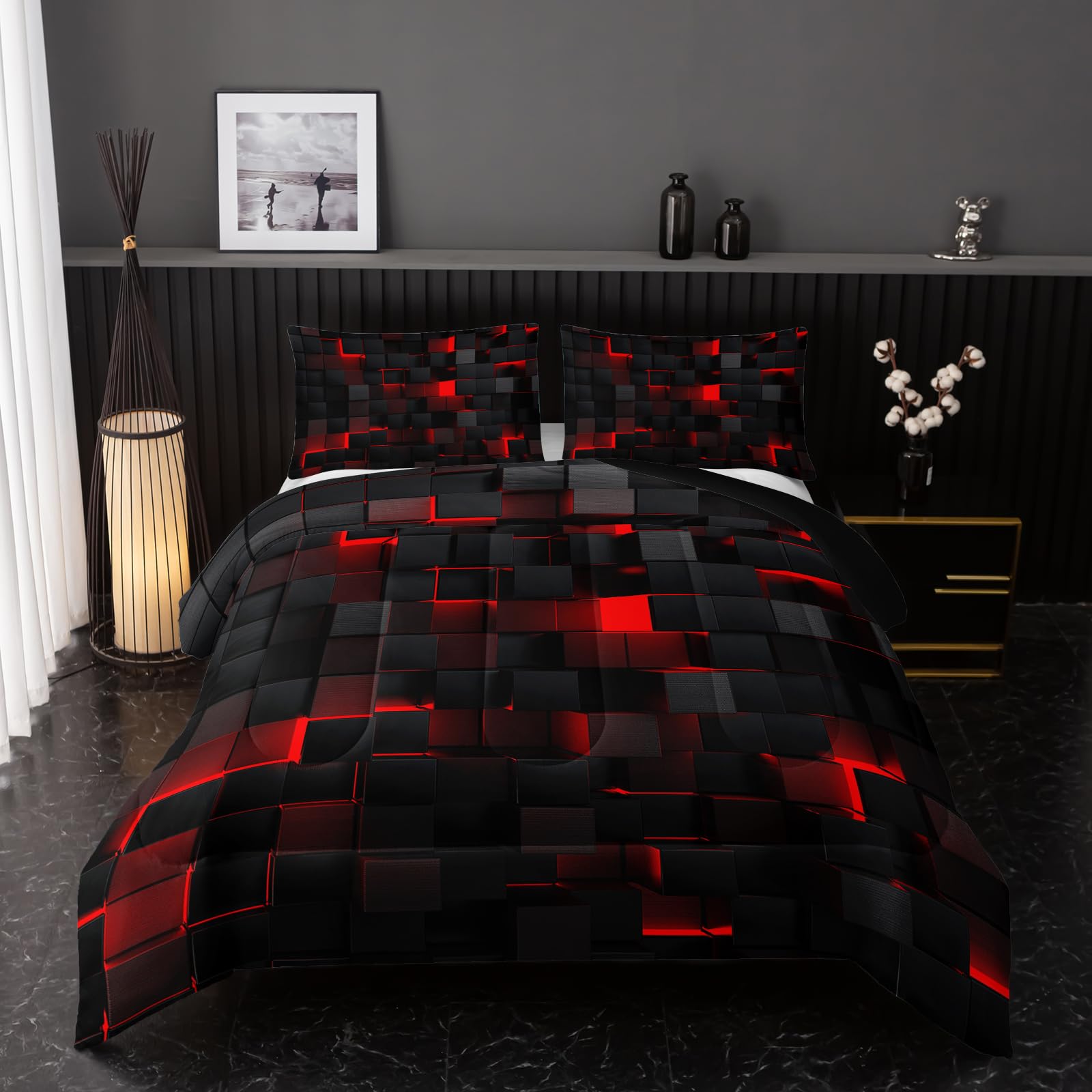 Nttopship Neon Red Black Comforter Set Queen Geometric Kids Bedding Set,3 Pcs Geometry Honeycomb Bed Set Modern Quilt Set 1 Comf