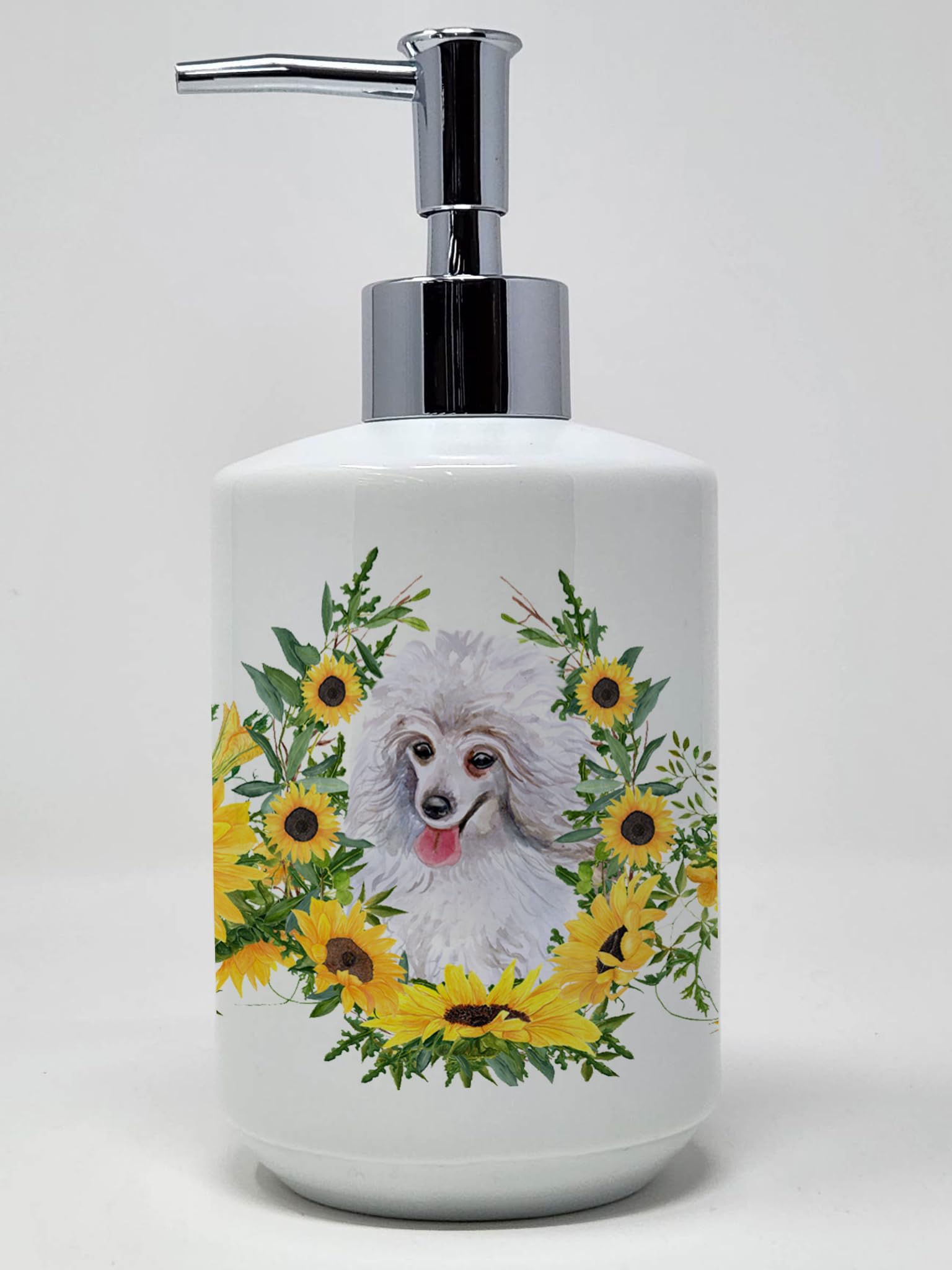 Caroline's Treasures CK2875SOAP Medium White Poodle in Sunflowers Ceramic Soap Dispenser Hand Soap Dispenser Pump Bottles for Ba