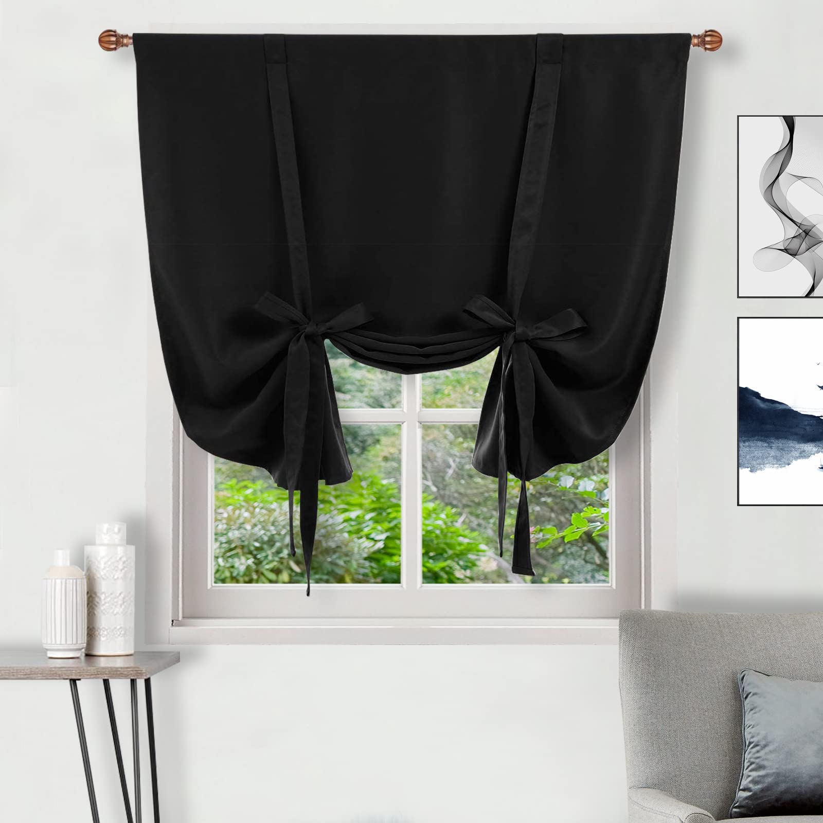 DWCN Tie Up Curtain-Thermal Insulated Room Darkening Blackout Curtains for Livingroom, Bedroom and Dining Room, Black, W42 X L63
