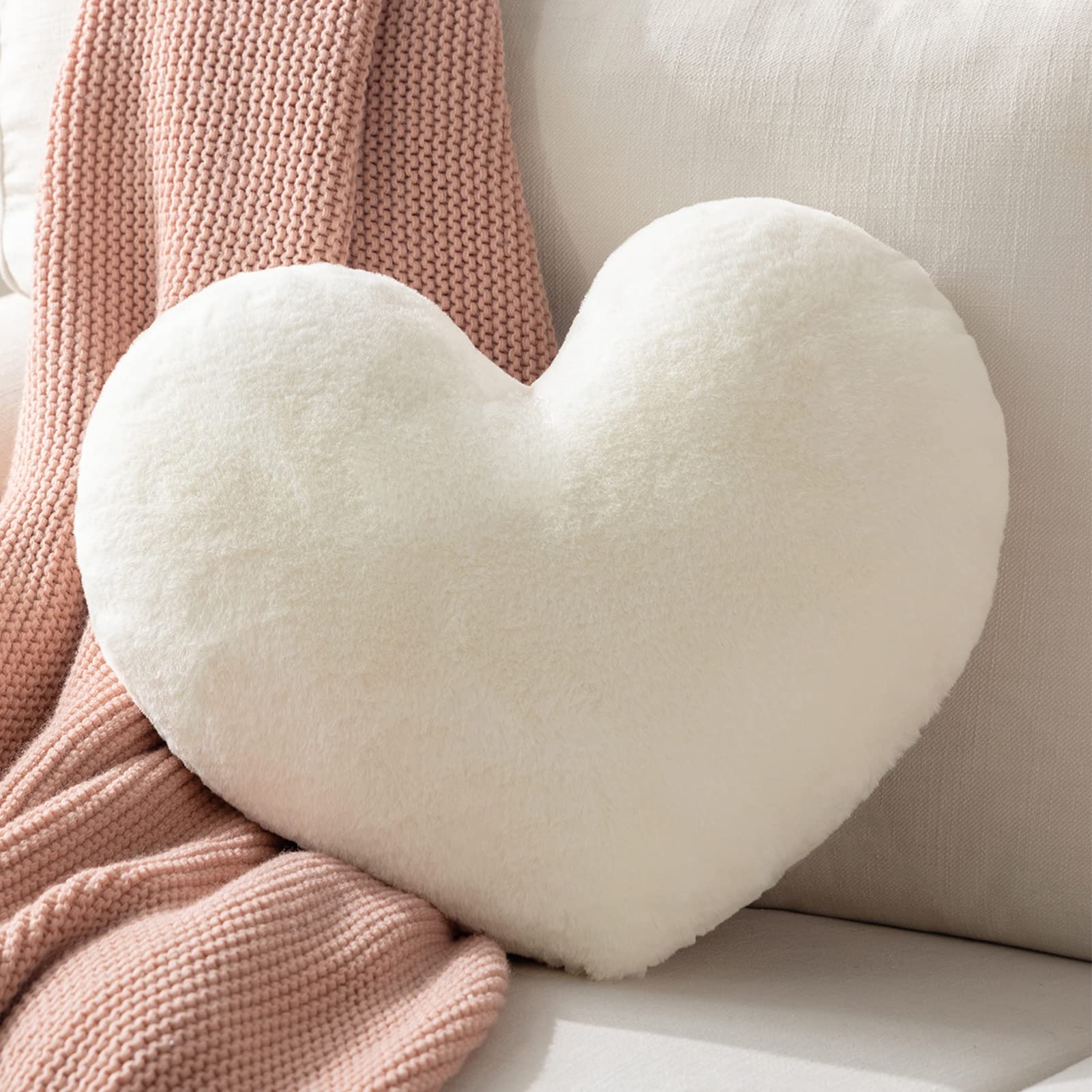 Ashler Valentine'S Day Off White Heart Shaped Throw Pillows, Faux Fur Rabbit 3D Fluffy Heart Throw Decorative Pillows, Cute Plus