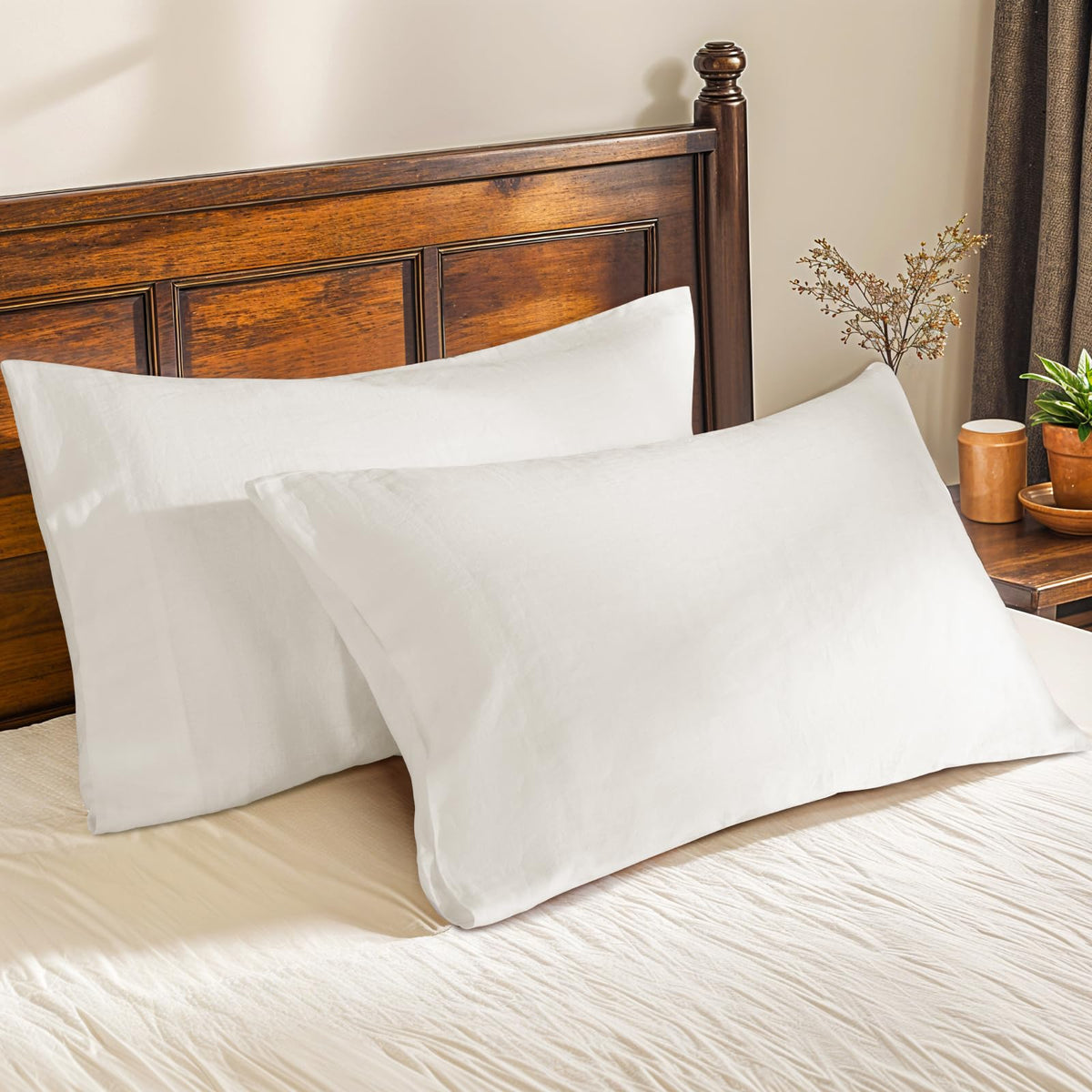 Shilucheng 100% French Linen Queen Pillowcase Set Of 2, Breathable And Cooling 20'X30' Pillow Cases, Envelope Closure (White)