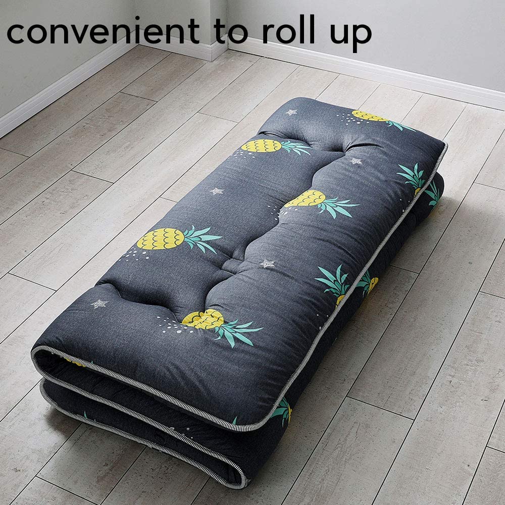 Grey Pineapple Japanese Floor Futon Mattress, Tatami Floor Mat Portable Camping Mattress Kids Sleeping Pad Foldable Roll Up Floor Lounger Couch Bed Queen Size With Mattress Protector Cover