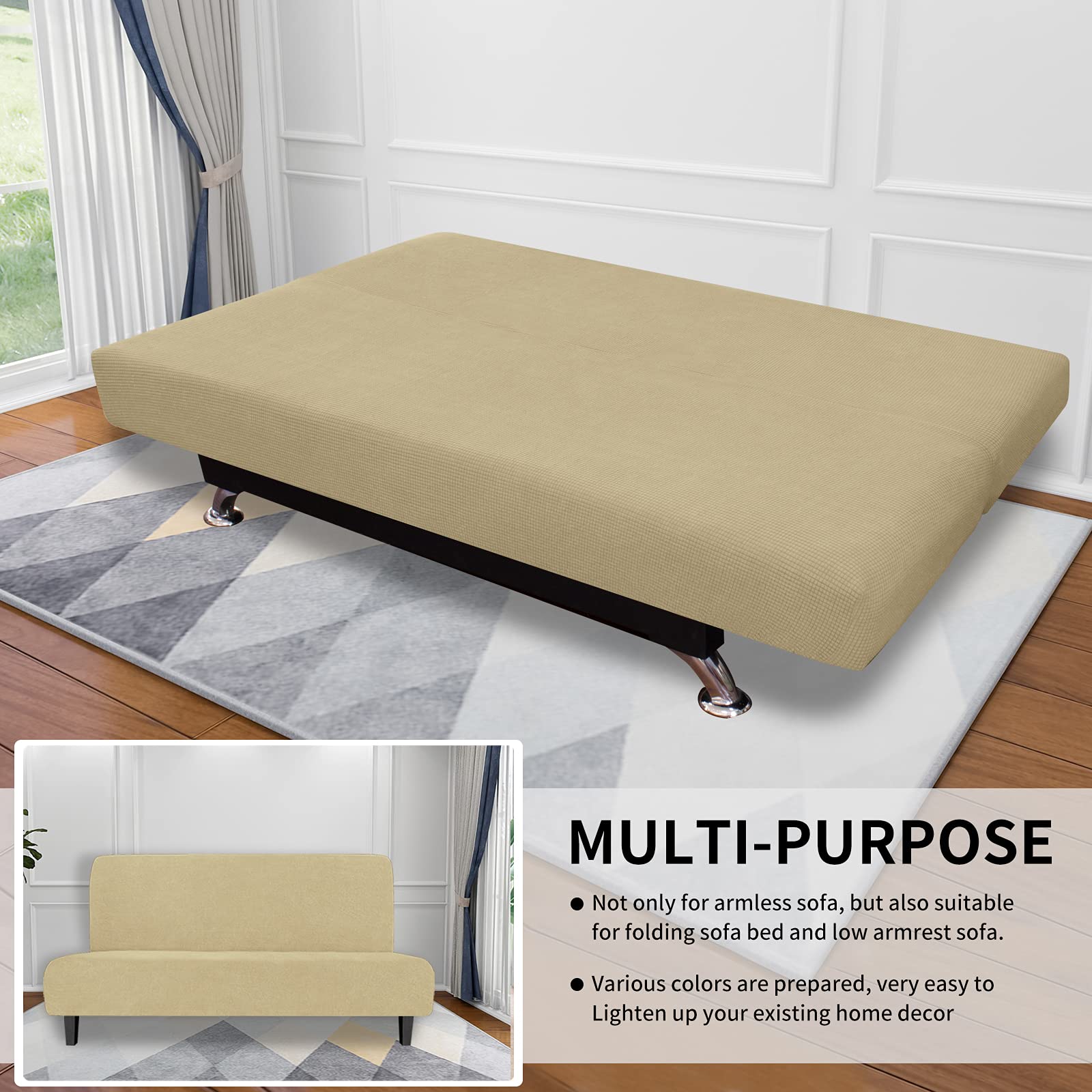 Easy-Going Stretch Futon Slipcover Armless Futon Bed Cover Furniture Protector Without Armrests With Elastic Bottom For Kids, Soft Jacquard Fabric Small Checks (Large, Beige)