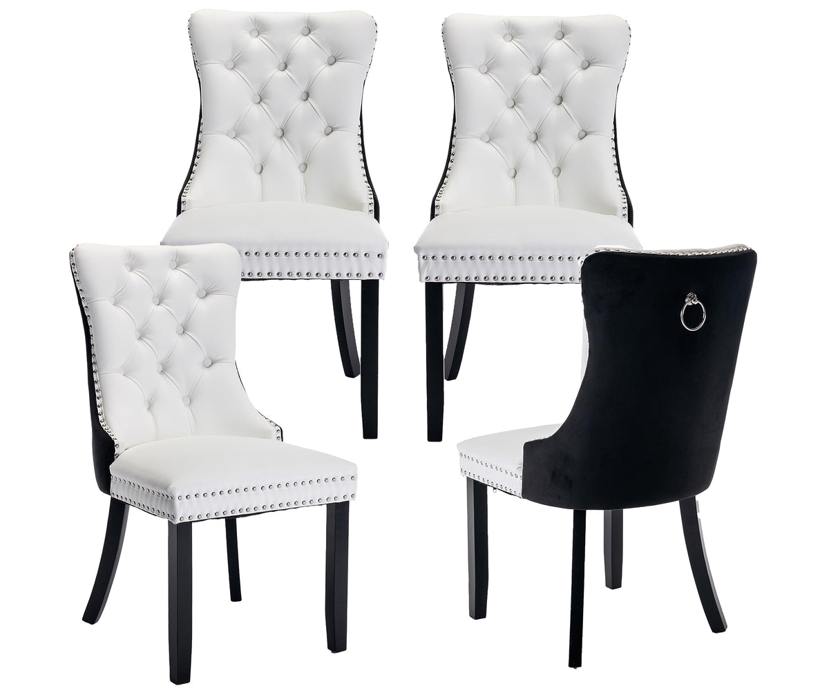 Lktart Dining Chairs Set Of 4 Pu And Velvet Upholstered Tufted Back With Nailhead Trim And Back Ring Pull Solid Wood Legs For Ki