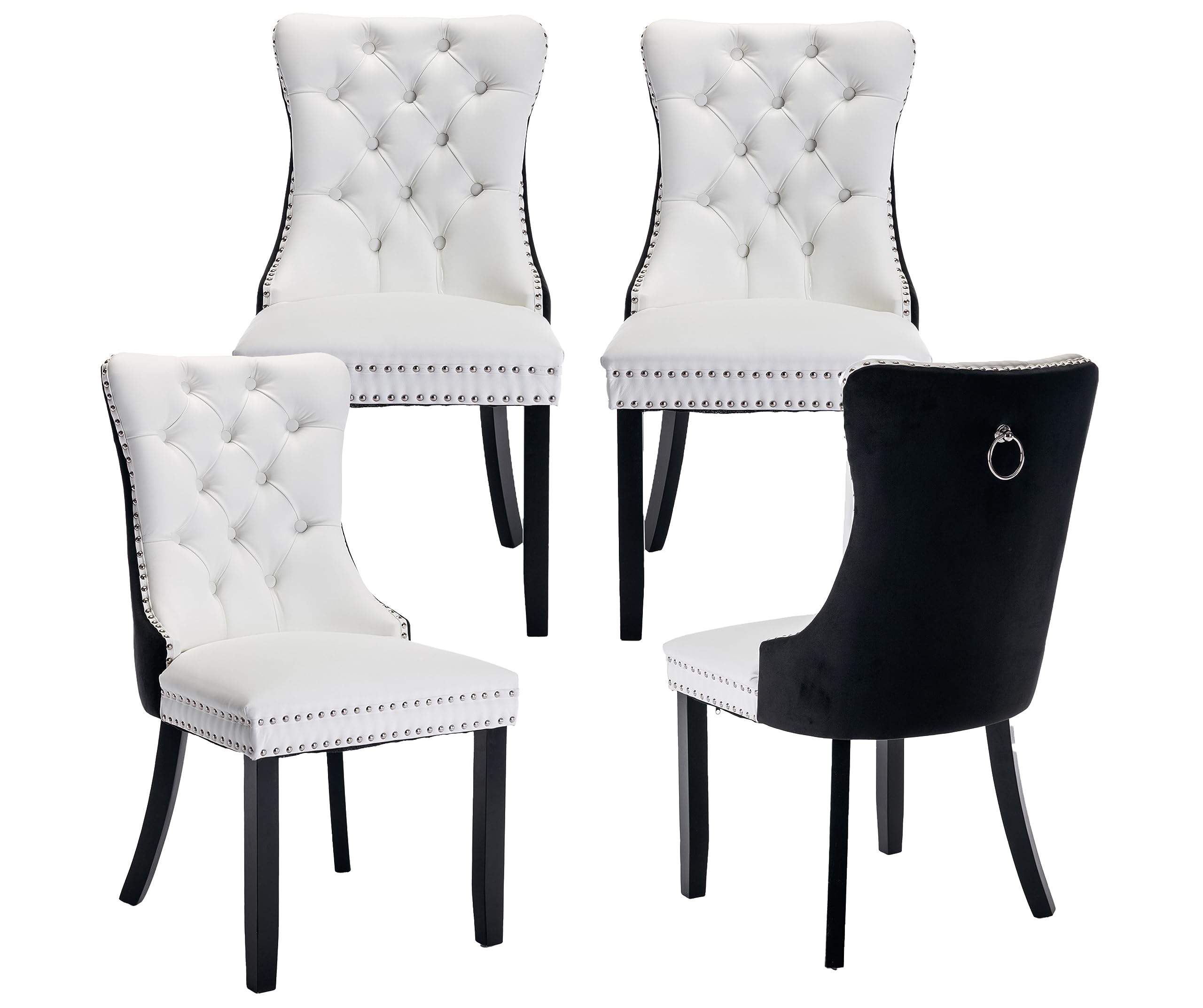 Lktart Dining Chairs Set Of 4 Pu And Velvet Upholstered Tufted Back With Nailhead Trim And Back Ring Pull Solid Wood Legs For Ki
