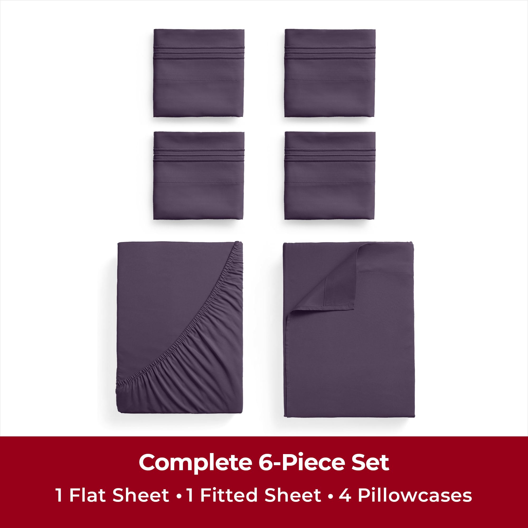 Mellanni Full Sheet Set - 6-Piece Iconic Collection Bedding, (Including 4 Pillowcases), 16-Inch Deep Pocket, Easy Care, Extra Soft, Cooling Sheets, Brushed Microfiber - Purple