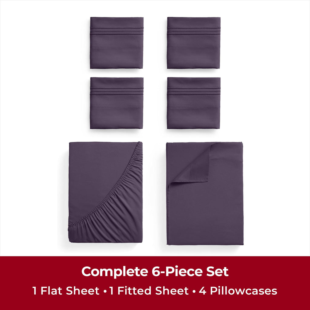 Mellanni California King Sheet Set - 6-Piece Iconic Collection Bedding, (Including 4 Pillowcases), 16-Inch Deep Pocket, Easy Care, Extra Soft, Cooling Sheets, Brushed Microfiber - Purple