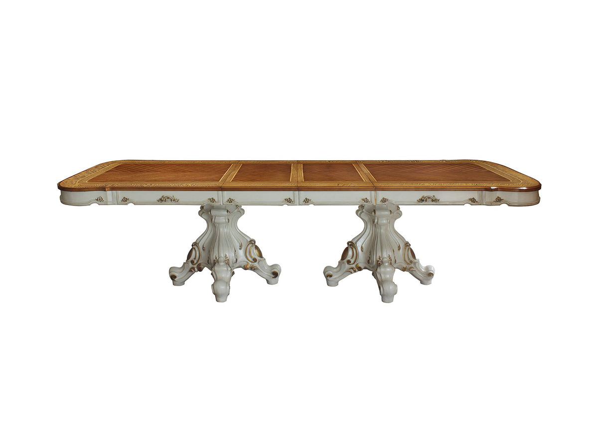 HomeRoots Kitchen 49' X 120' X 31' Antique Pearl Cherry Oak Wood Poly-Resin Dining Table w/Double Pedestal