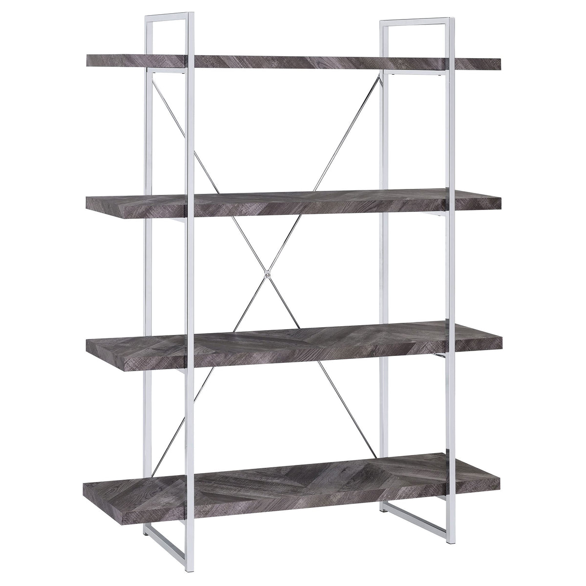 Coaster Furniture Grimma Industrial Grey Herringbone and Chrome Bookcase 62.5&quot; H x 14&quot; W x 47.25&quot; D 802613