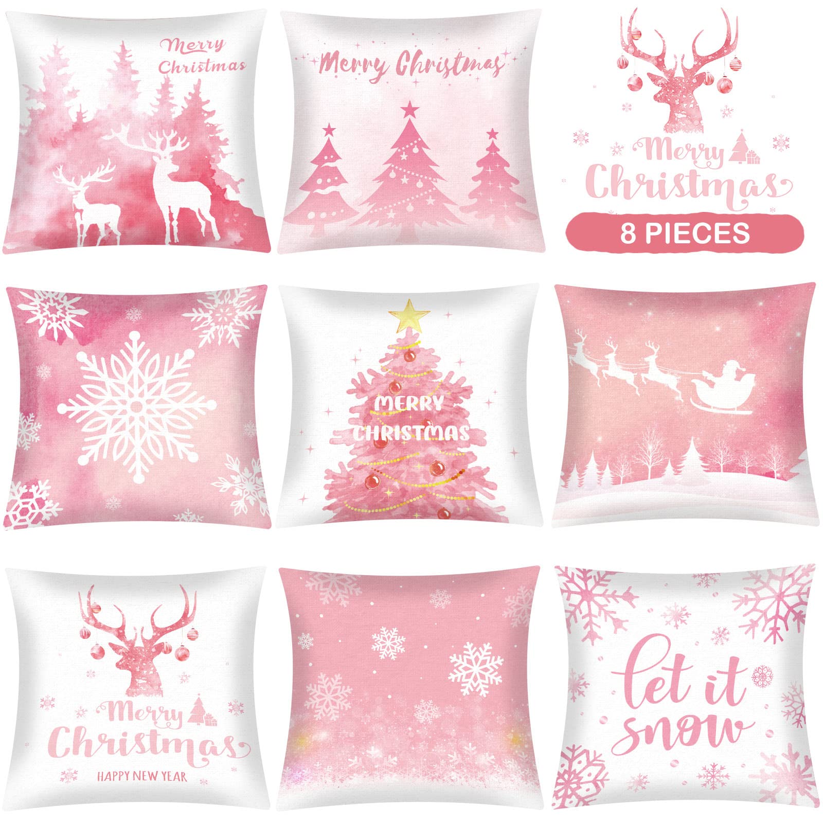 8 Pieces Christmas Throw Pillow Covers Reindeer Pillow Cases Christmas Tree Snowflake Pillow Covers 18 X 18 Inch Cushion Cover C