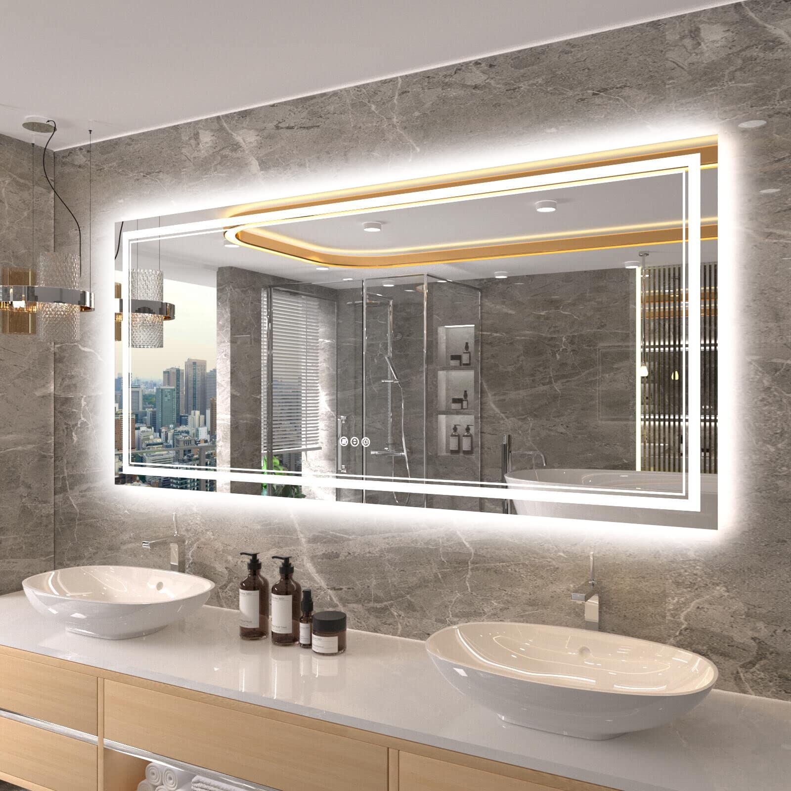 ISTRIPMF 60x28 Inch LED Bathroom Mirror with Lights, Backlit and Front Lighted Bathroom Vanity Mirrors for Wall, Anti-Fog/Dimmab