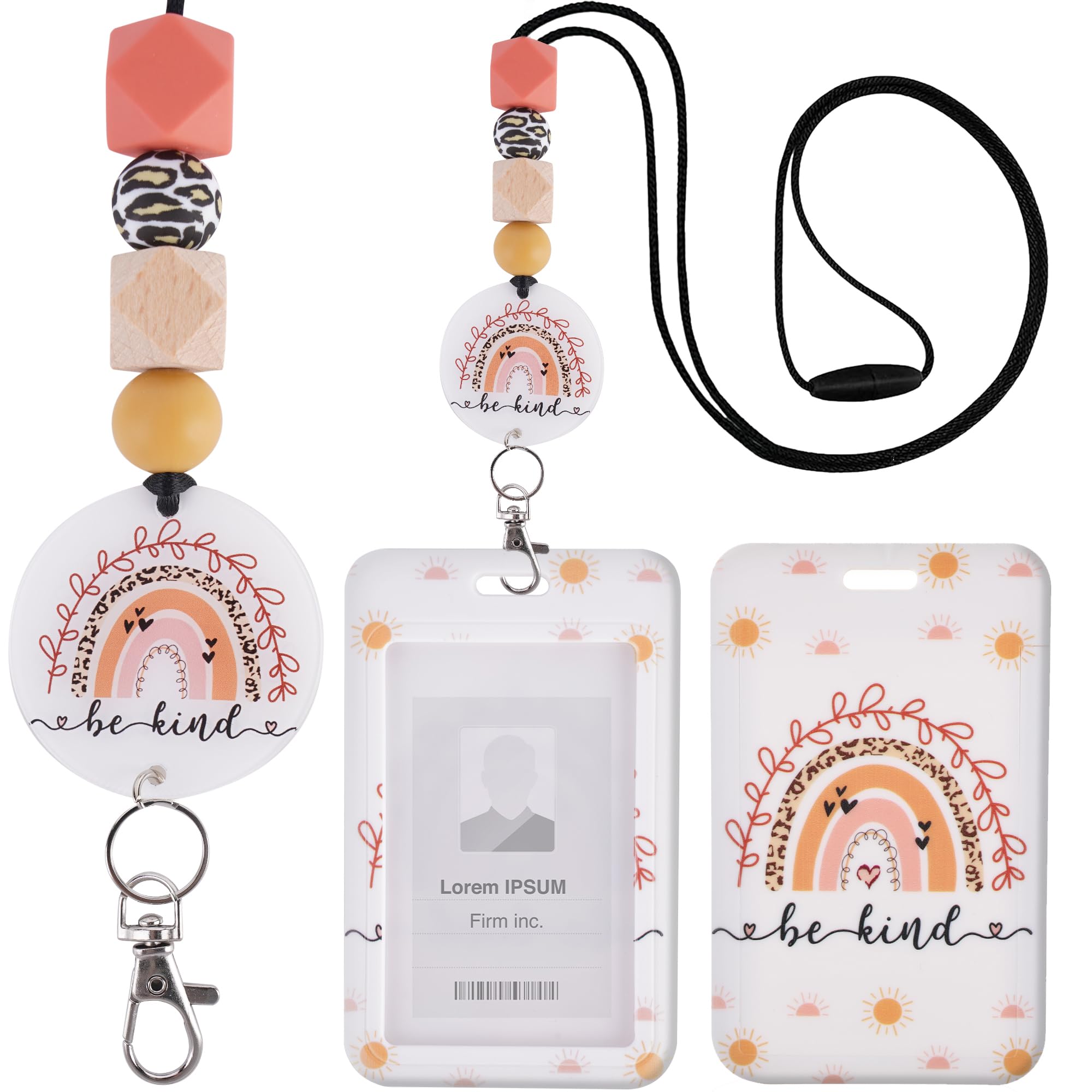 Teacher Lanyard With Id Holder, Boho Rainbow Sun Print Be Kind Cute Badge Holder With Beaded Adjustable Lanyard, Gifts For Teach