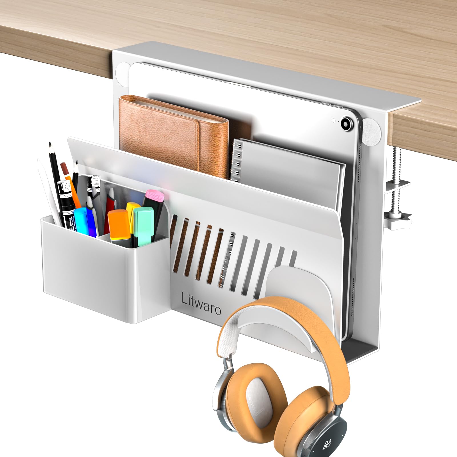 Litwaro Desk Side Storage, No Drill Laptop Holder With Magnetic Pen Holder, Under Desk Laptop Mount With Sticky Headphone Holder