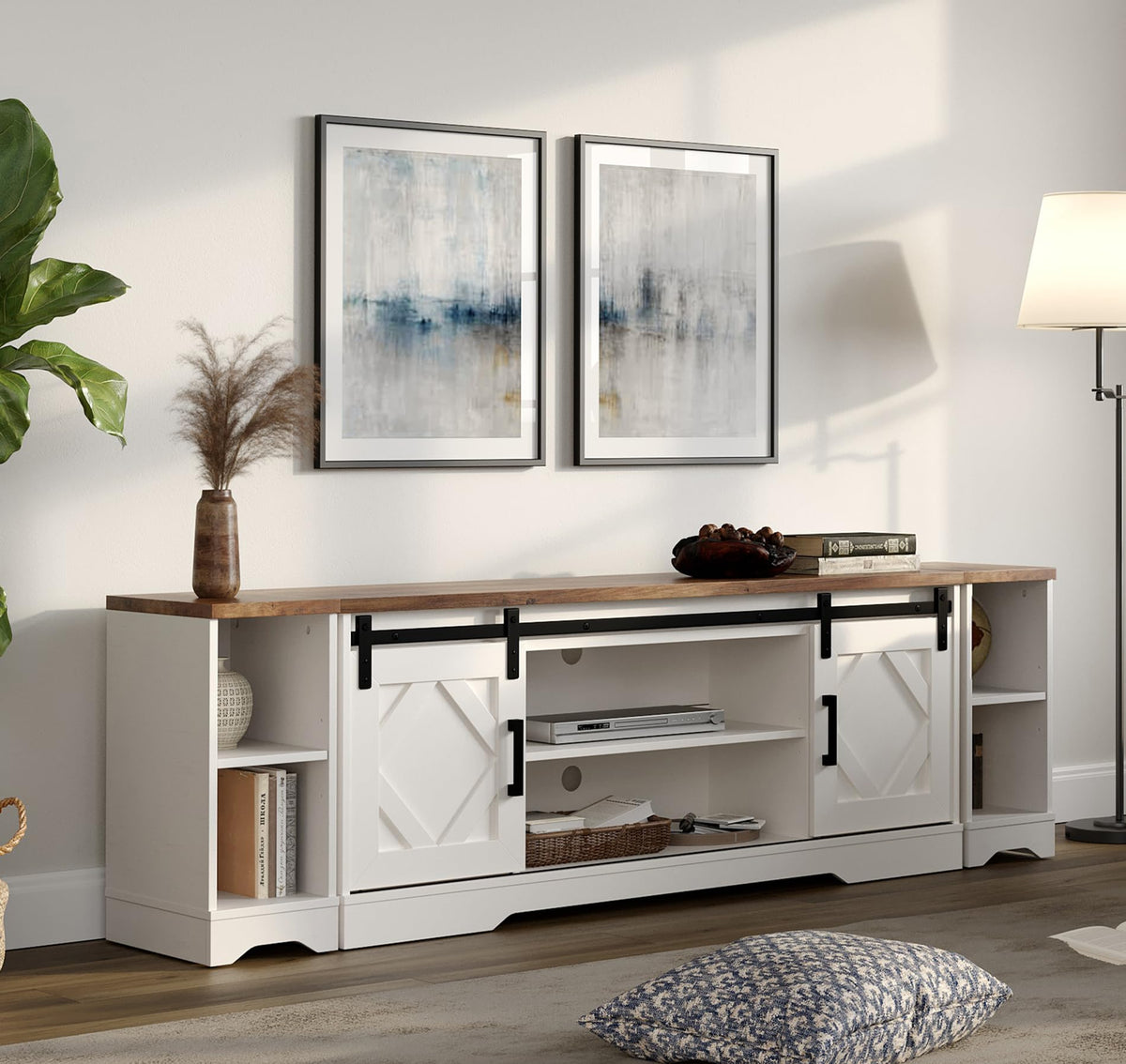 Wampat Modern Farmhouse 3 In 1 Tv Stand For Up To 85' Tvs Wood Entertainment Center With Open Storage For Living Room,Antique White