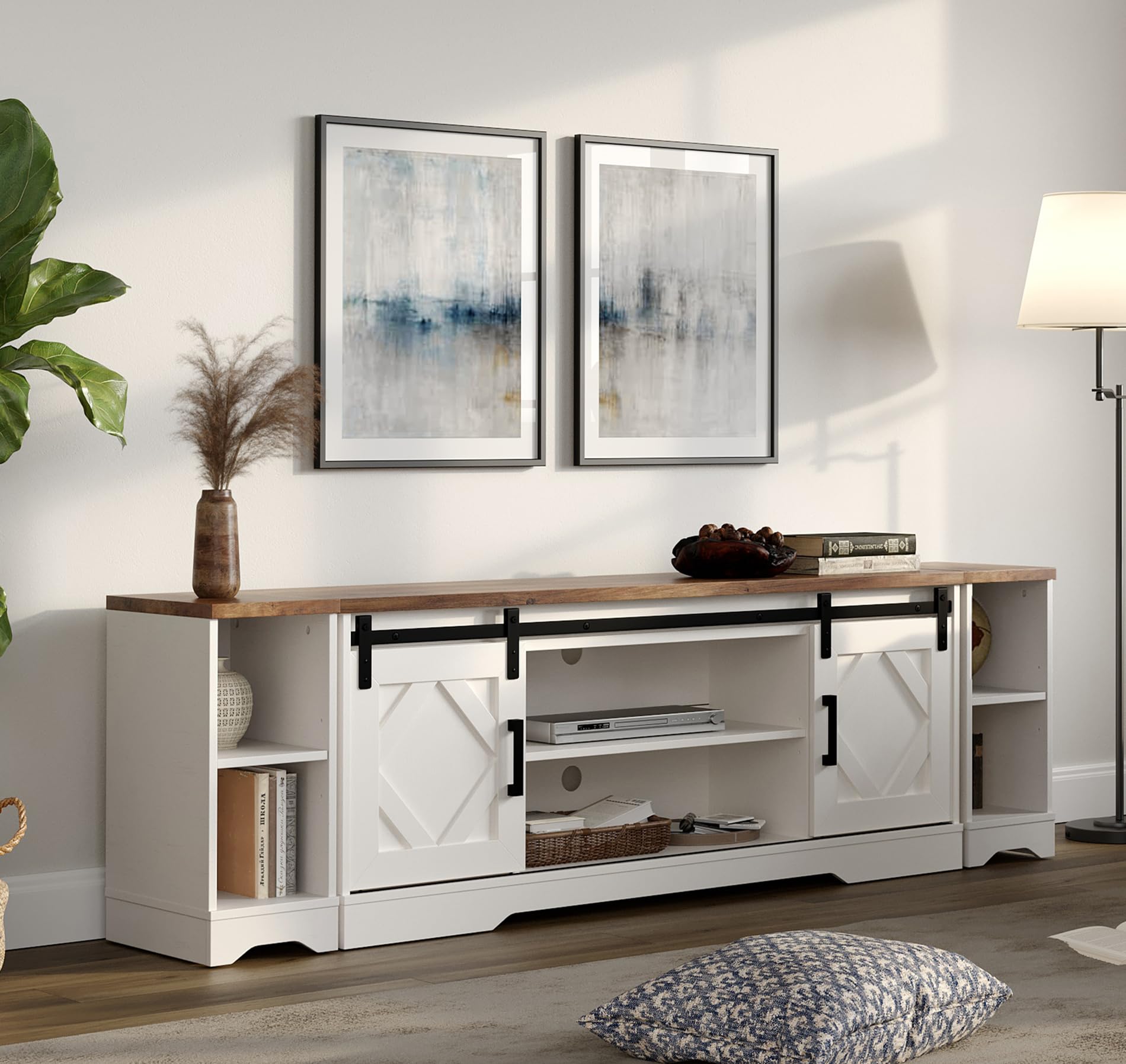 Wampat Modern Farmhouse 3 In 1 Tv Stand For Up To 85' Tvs Wood Entertainment Center With Open Storage For Living Room,Antique White
