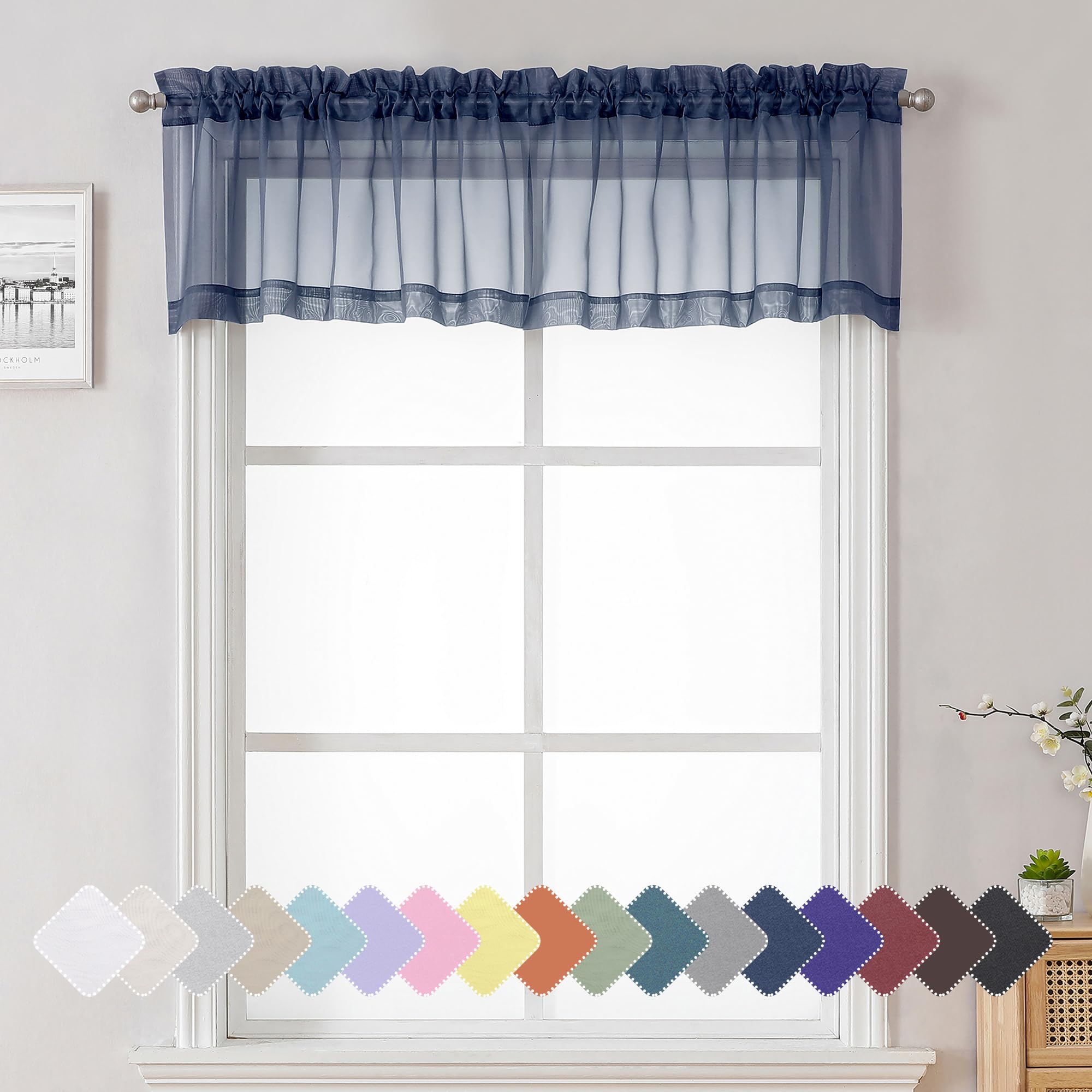 Lecloud Navy Blue Window Valance 14 Inches Long 2 Pcs, Solid Voile Blue Sheer Curtains Dual Rod Pockets, Living Room Bedroom Bat