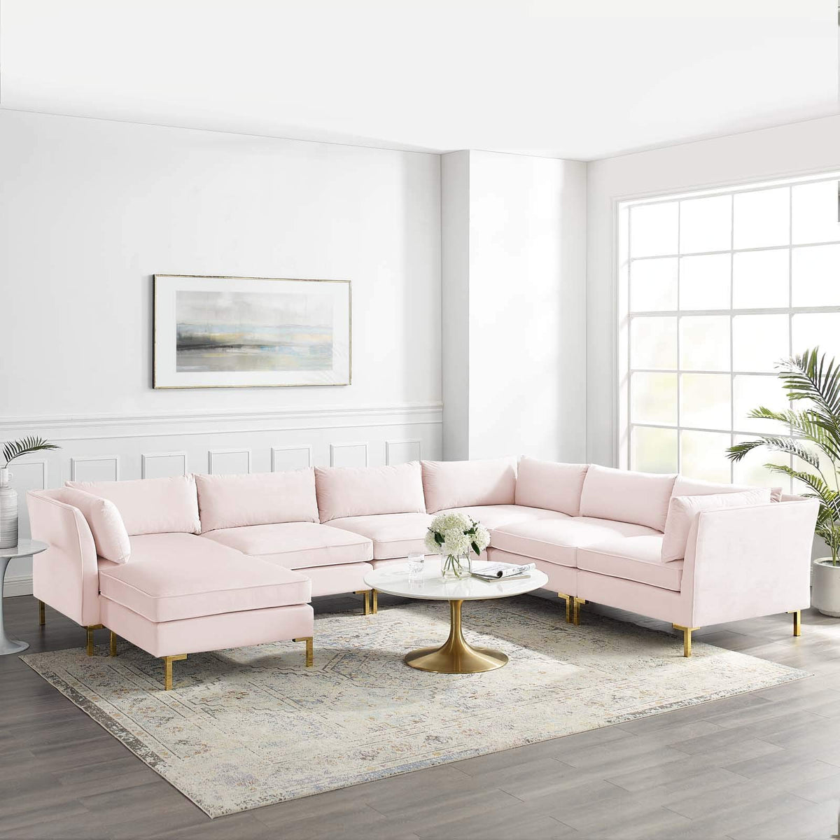 Modway Ardent Performance Velvet Sectional Sofa, 7 Piece W/Chaise, Pink