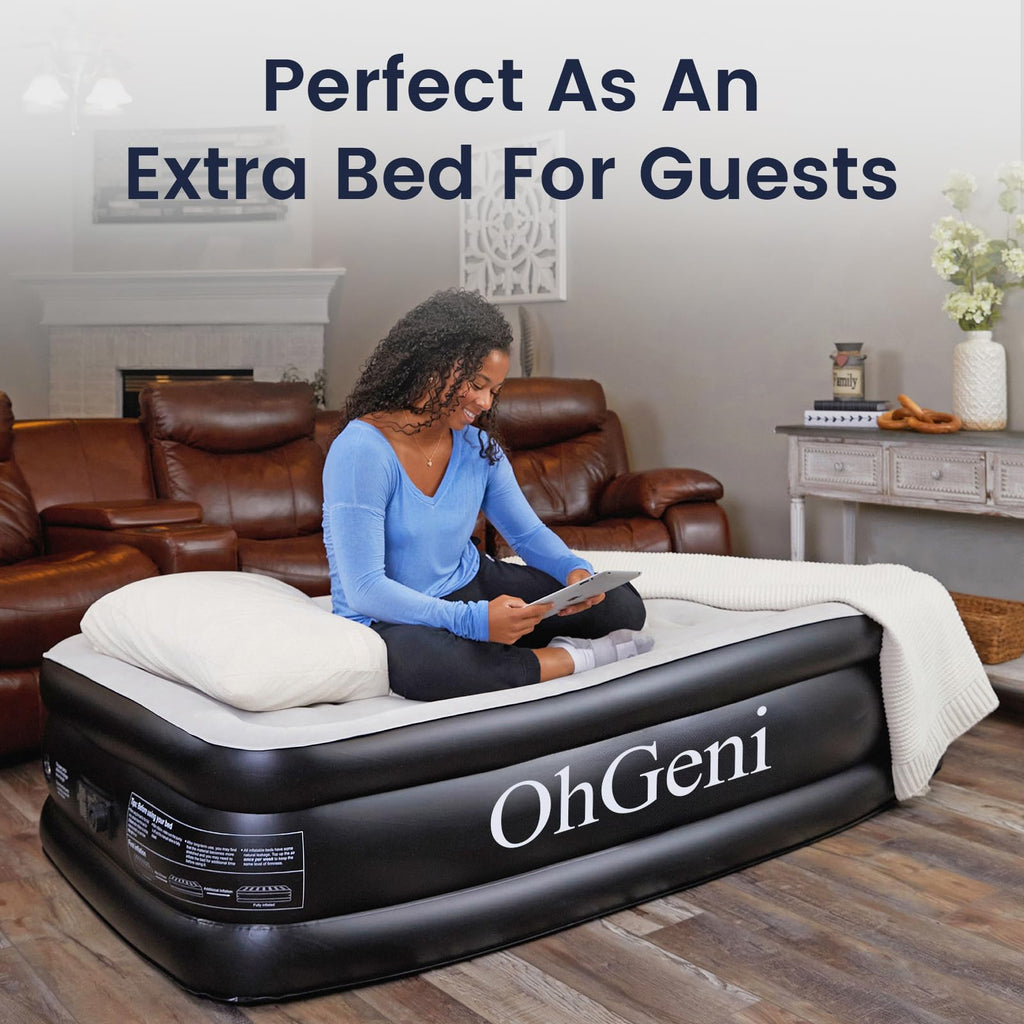 OhGeni Twin Air Mattress with Built-in Pump, 18in Tall Black Inflatable Bed for Camping, Portable & Foldable Airbed with Carrying Bag