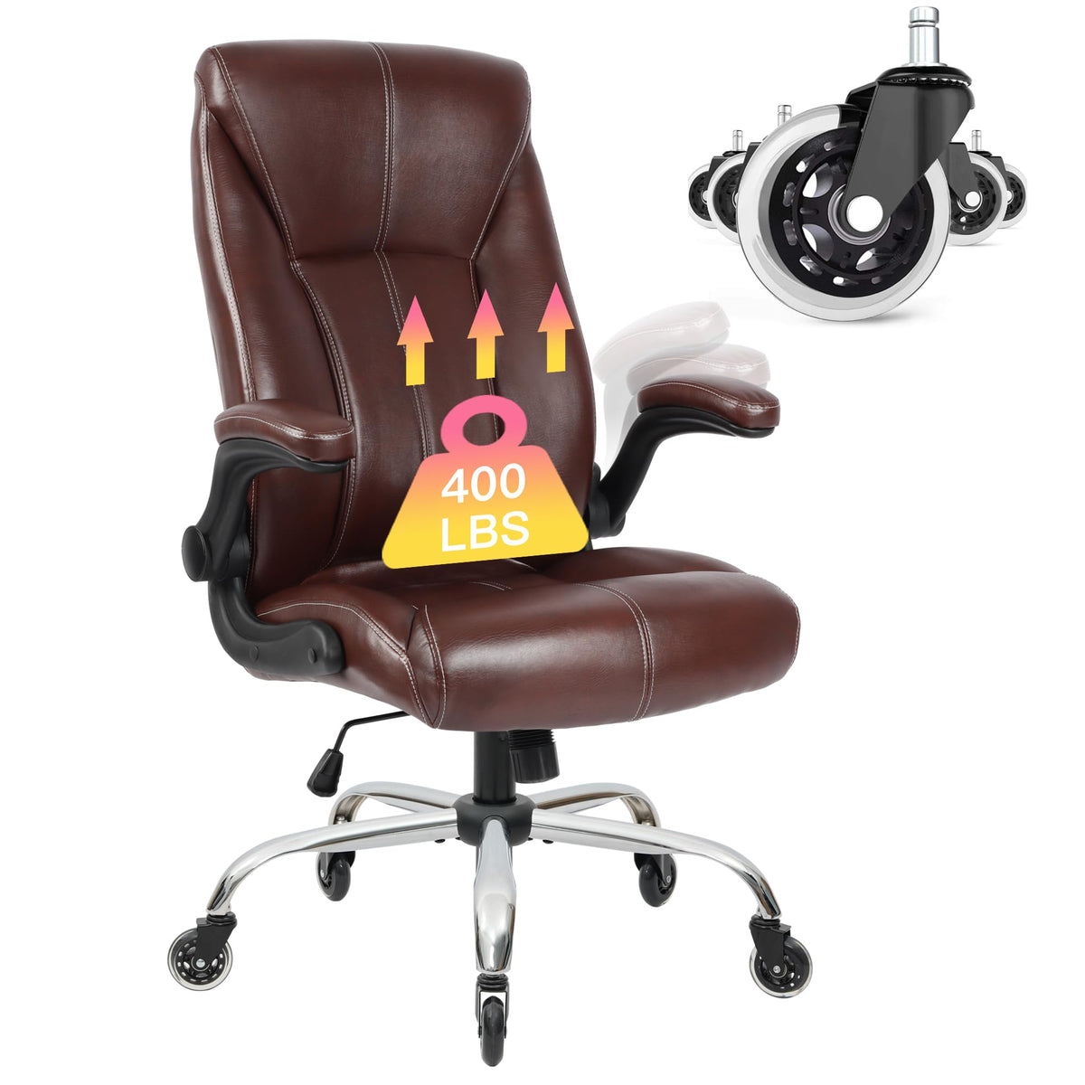 Famsingo Executive Leather Office Chair, Computer Chair With Thick Cushion & Adjustable Flip-Up Armrests, Big And Tall Desk Chai