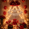 Revaya Birthday Decoration Kit With White Net Curtain, Silver Foil Curtain, Led String Light, White Happy Birthday Banner, Red H