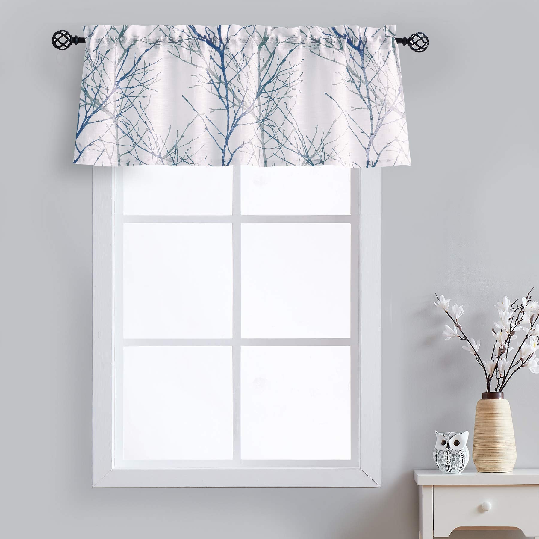 Fmfunctex Blue Kitchen Valance Curtain For Living Room Grey Branch Print On Linen Texture Look Window Valance For Bedroom 50' W