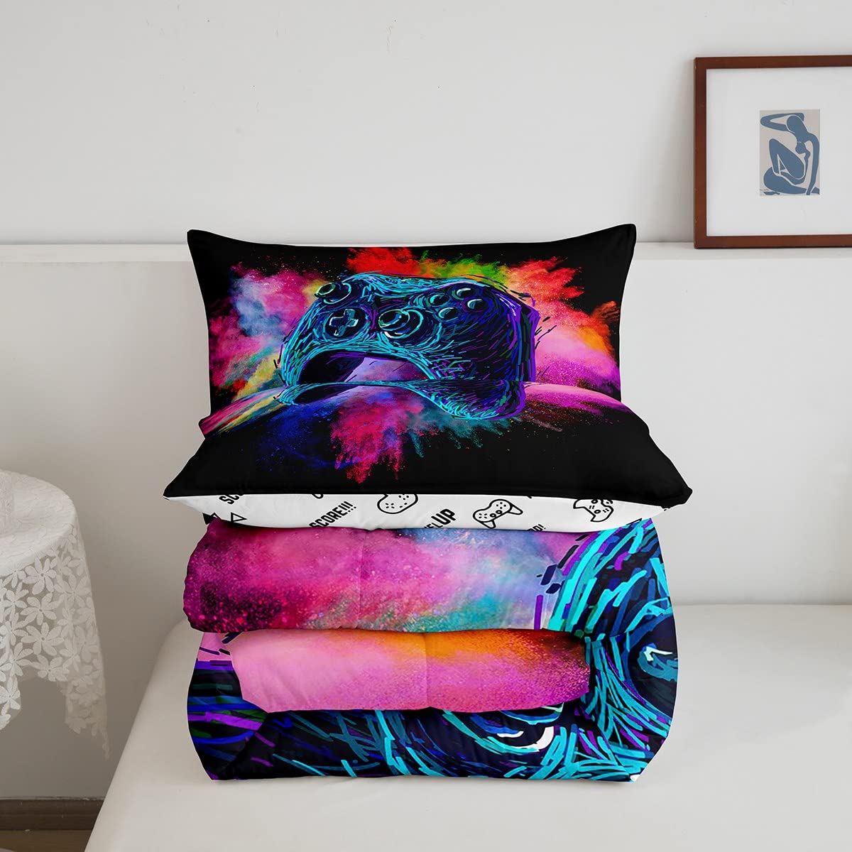 Kids Gamer Twin Size Comforter Set For Boys Teen Gaming Bedding Sets Video Game Room Deocr Girls Colorful Tie Dye Bed Set Navy B