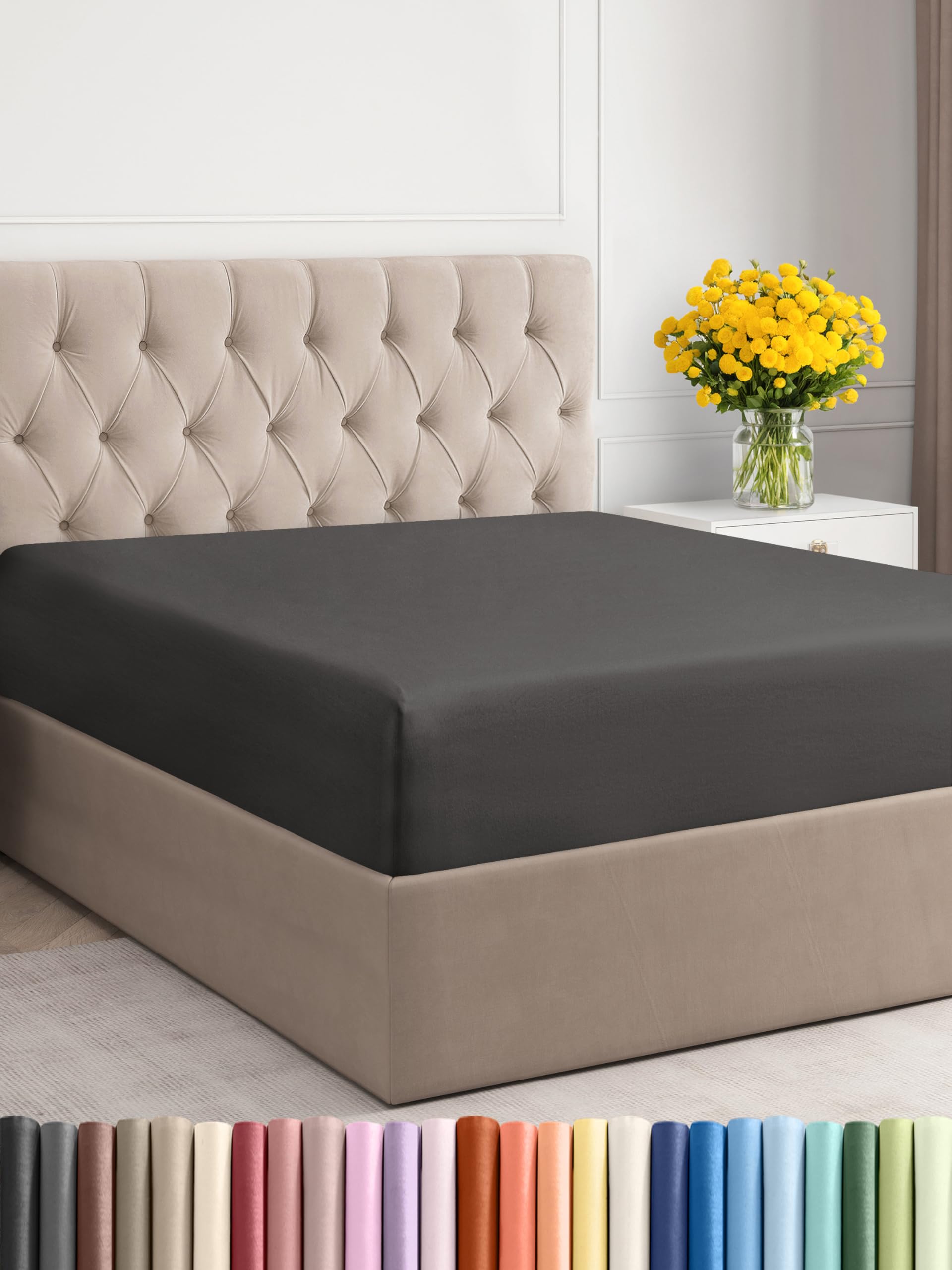 King Size Fitted Bed Sheet - Hotel Luxury Single Fitted Bottom Sheet Only - Fits Mattress Between 8 To 16 Inches - Deep Pockets, Extra Soft And Wrinkle Free - Easy-Fit, Breathable & Cooling - Charcoal